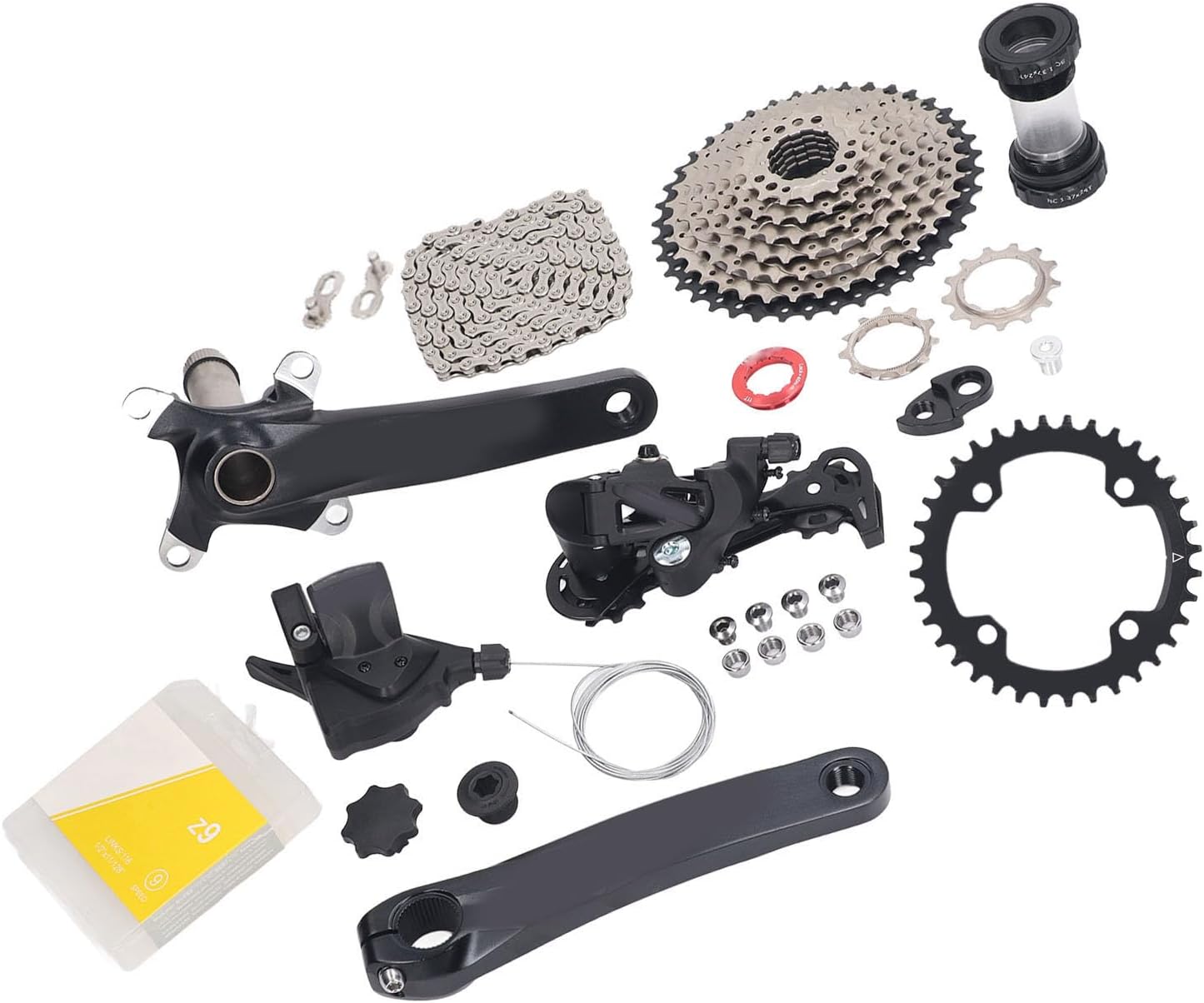 Fockety 9 Speed Mountain Groupset, 11 to 40T Wide Multi Shift Groupset with Shifter & Rear Derailleur, Integrated Crank, Chain, Tail Hook, Mountain Crankset Shift Housing Kit (36T