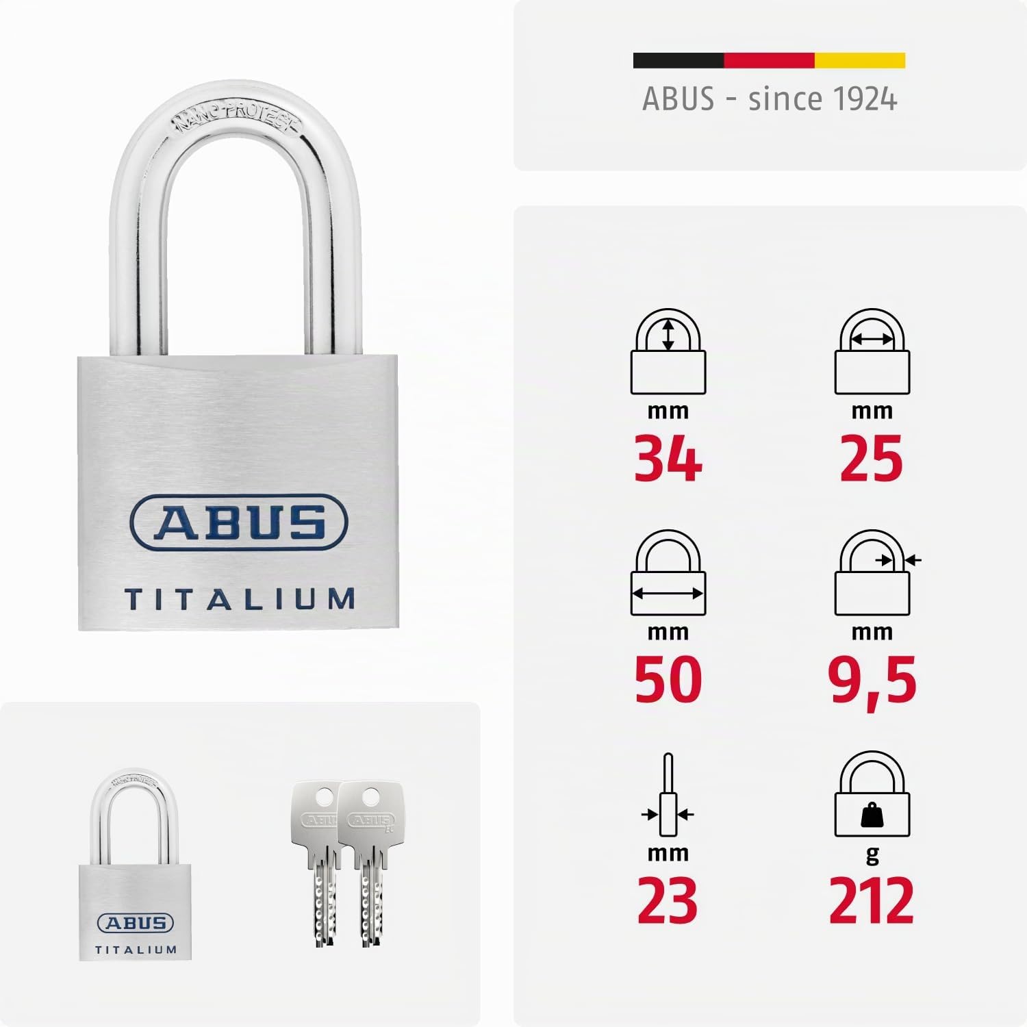 ABUS Lucchetto Titalium 96TI/50 - Alluminio Speciale, Livello di Sicurezza | Corpo massiccio extra leggero, arco in acciaio Nano Protect, chiave reversibile, 50 mm - peso 212 g, chiusura automatica