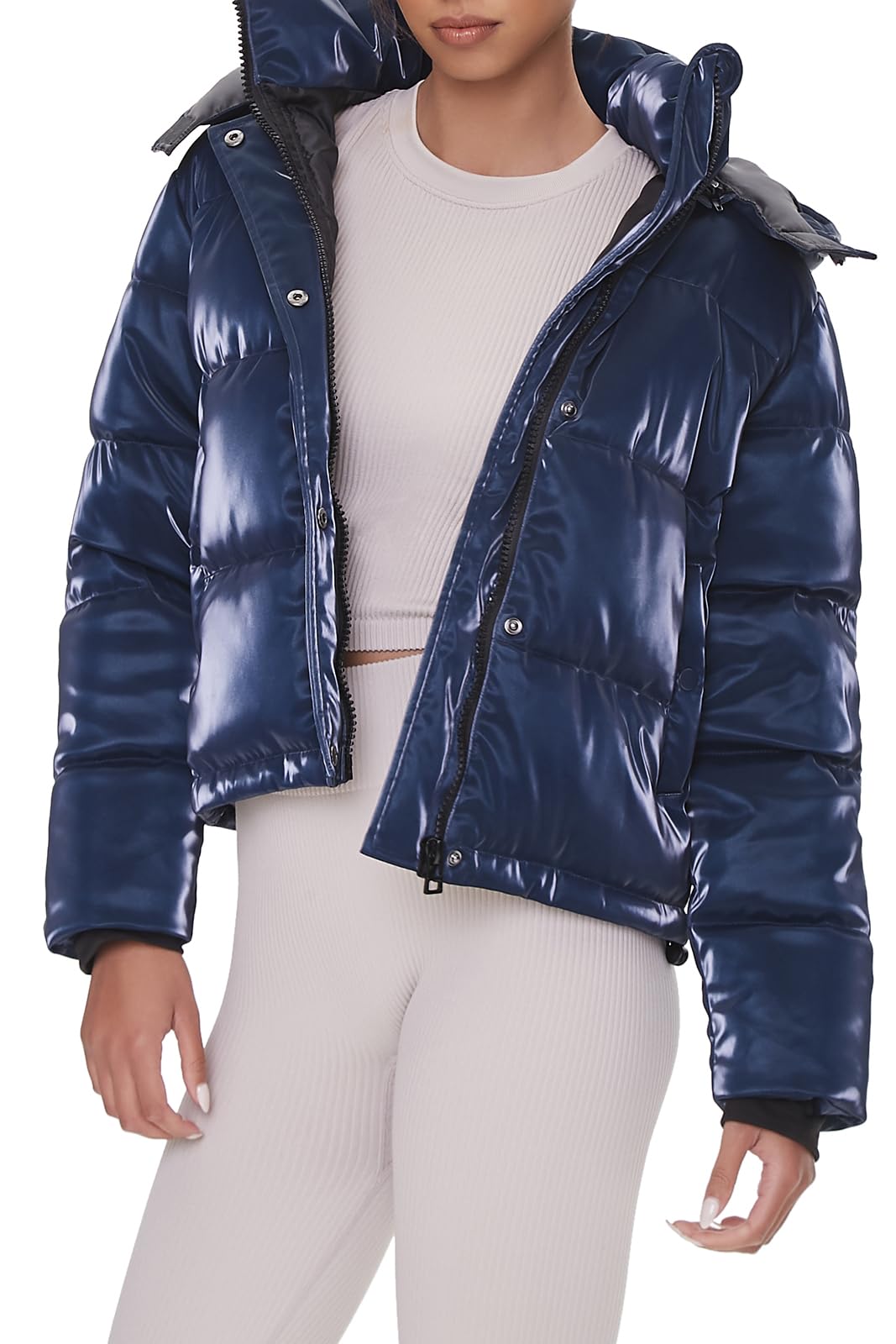 Short Puffer Coat Women Khaki Basic Hooded Cropped Puffer