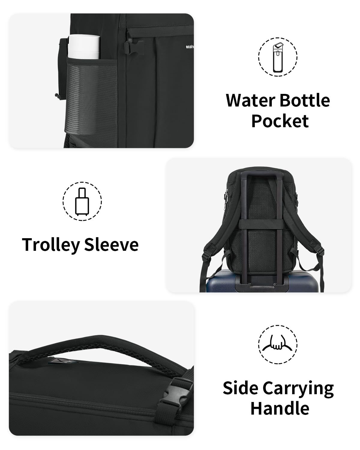 ECOHUB 20L Zaino Ryanair 40x20x25, Zaino Da Viaggio Aereo Bagaglio a Mano Con Scomparto Per Laptop 3D, Resistente all'Acqua Bagaglio a Mano 40x20x25 Ryanair, Riciclato Zaino Viaggio Donna Uomo, Nero