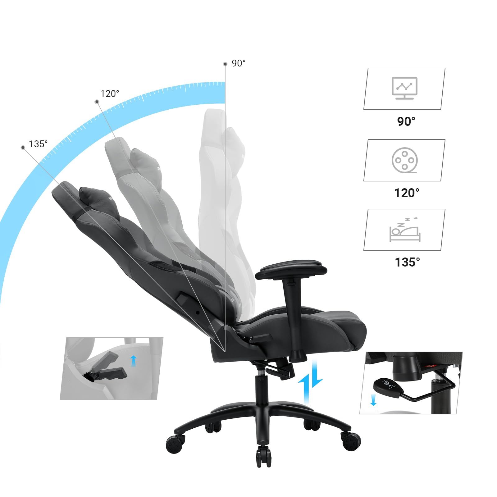Songmics Bürostuhl Gaming Stuhl Chefsessel ergonomisch mit Verstellbare Armlehnen, Kopfkissen Lendenkissen 66 x 72 x 124-132 cm Grau-Schwarz RCG13G