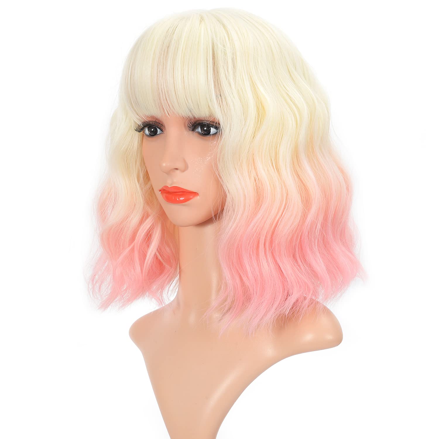 VCKOVCKO Ombré-Bob-Perücke mit Luft-Pony, zweifarbig, natürlich, lockig, gewellt, kurz, kurz, schulterlang, synthetische Cosplay-Perücke für Mädchen, bunte Perücken (30,5 cm, 613-Hellrosa)