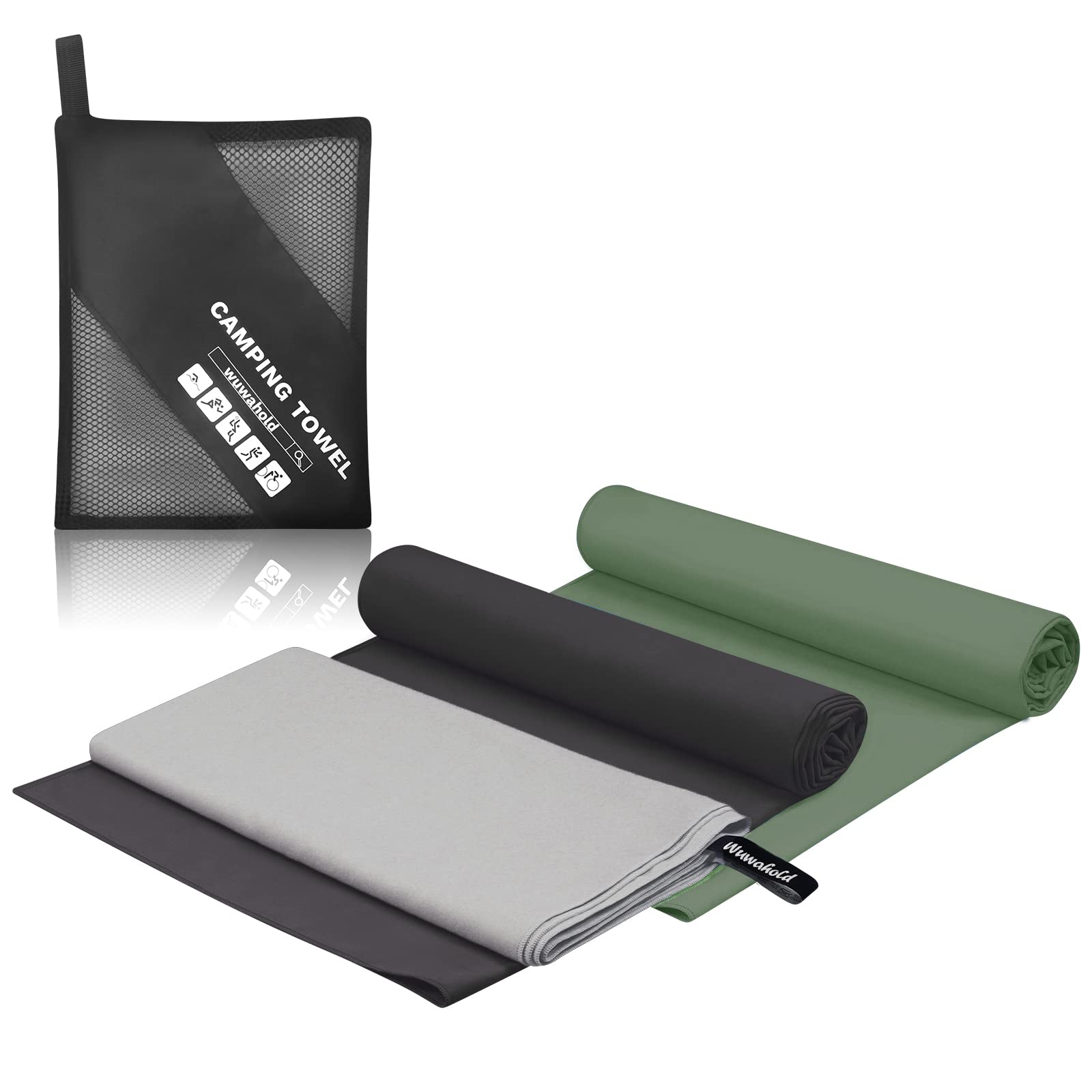 Camping Quick Dry Towel Set- 3 Pack, Soaking Up Sweat Microfiber Lightweight Sport Towels with Mesh Bag, Travel Towel Suitable for Camping, Beach, Gym, Yoga