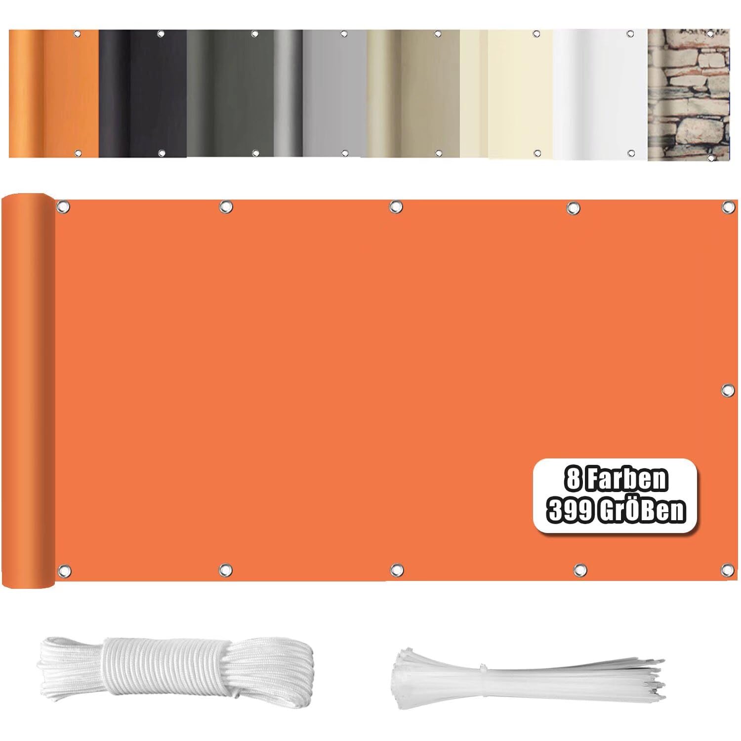 WEALSFUN Balkonabdeckung (390Größen & 8 Farben) Balkonverkleidung Ohne Bohren blickdichte Wind UV-Schutz mit Ösen Kabelbinder Kordel,60X100CM Orange