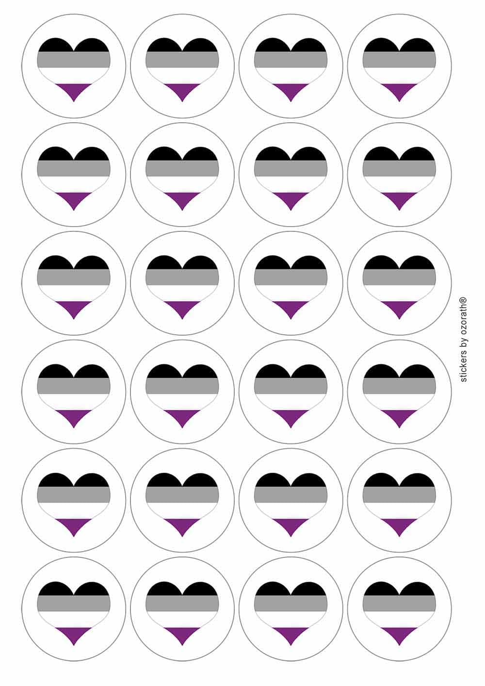 Asexual Heart LGBTQ Pride Circular Matt Paper Stickers A4 Sheet of 24 (Each Sticker is 45mm Diameter)