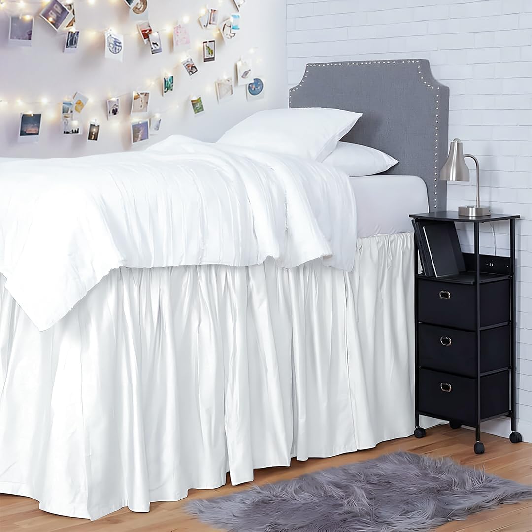 Shreem Linen Dorm Room Bed Skirt Twin XL 25 Inch Drop, 100% Microfiber Extra Long Bedskirt, White
