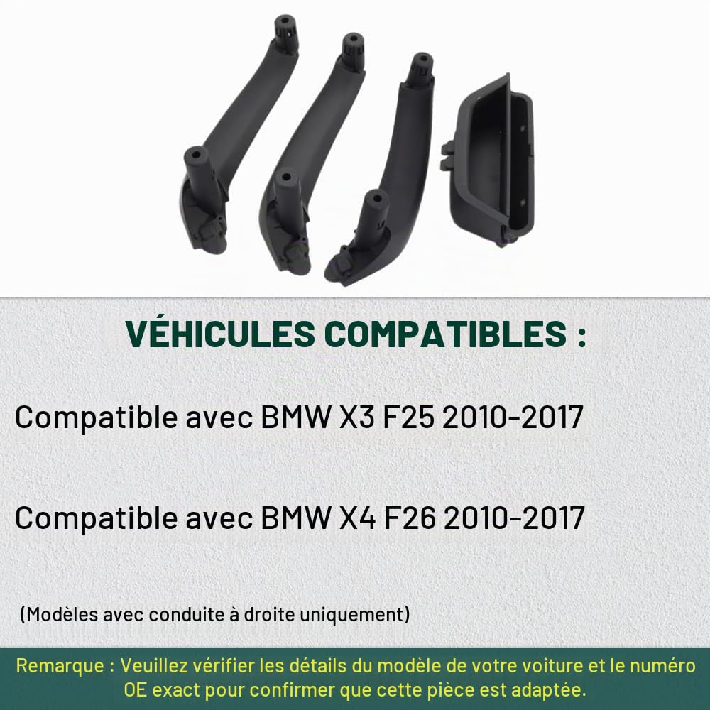 Poignée de porte intérieure de voiture de rechange compatible avec BMW X3 F25 X4 F26 2010-2017 51417250307 51419209216 51419209215 modèles d'entraînement à poignée droite
