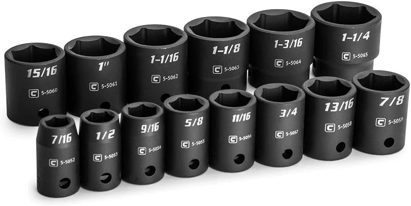 Jogo de Soquetes de Impacto Rasos Capri Tools com Encaixe de 12,7 mm (1/2 pol.), SAE, de 7/16 a 1-1/4 pol., 14 peças