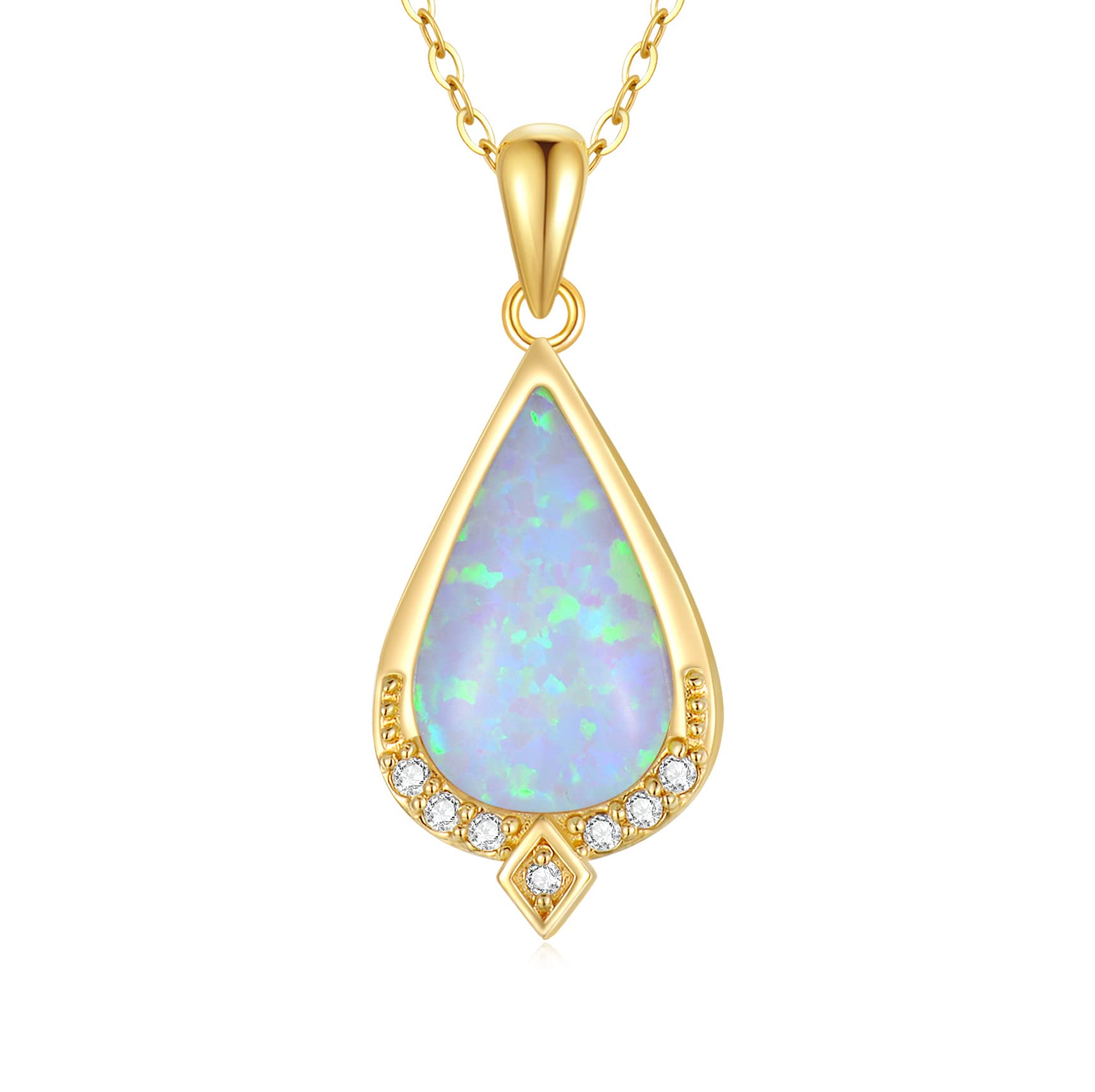 Ayafee 14K Real Gold White Opal Necklace with Genuine Diamond for Women Dainty Teardrop Opal Pendant Necklace for Birthday Anniversary 16" - 18"