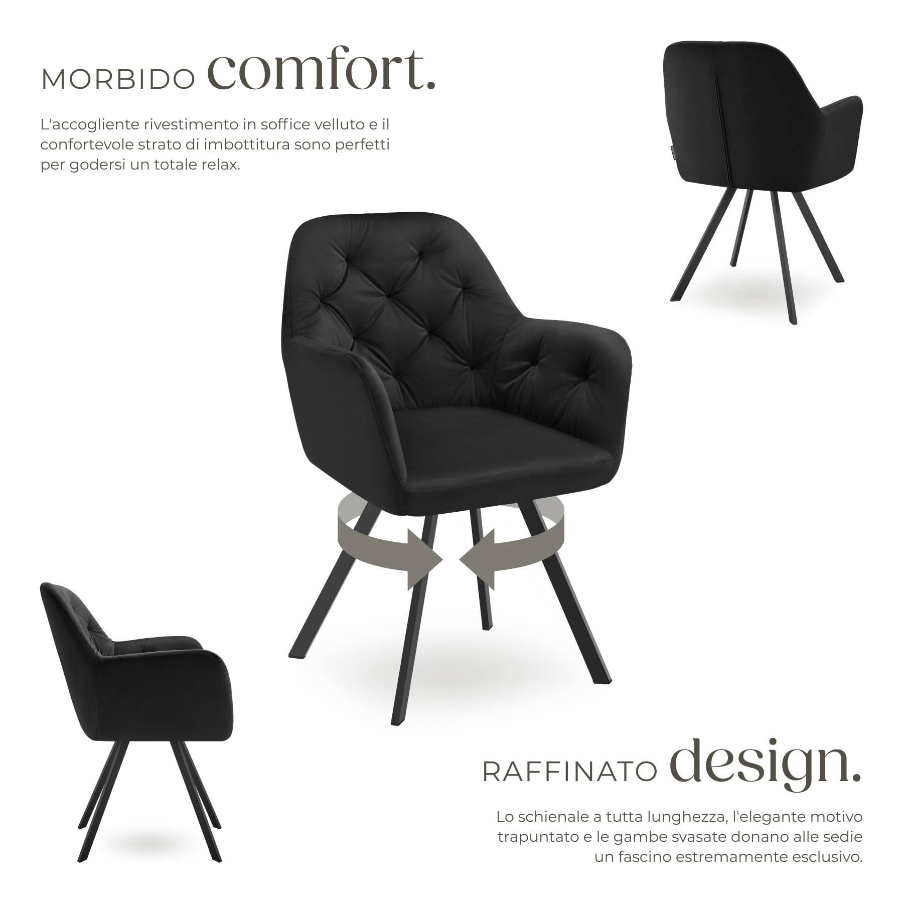 tectake® Set da 4 Poltrona Girevole in Velluto, Sedia Sala da Pranzo con Braccioli, Seduta e Schienale Ergonomici, Rotazione a 180°, Sedia Moderne con Gambe in Acciaio - Nero