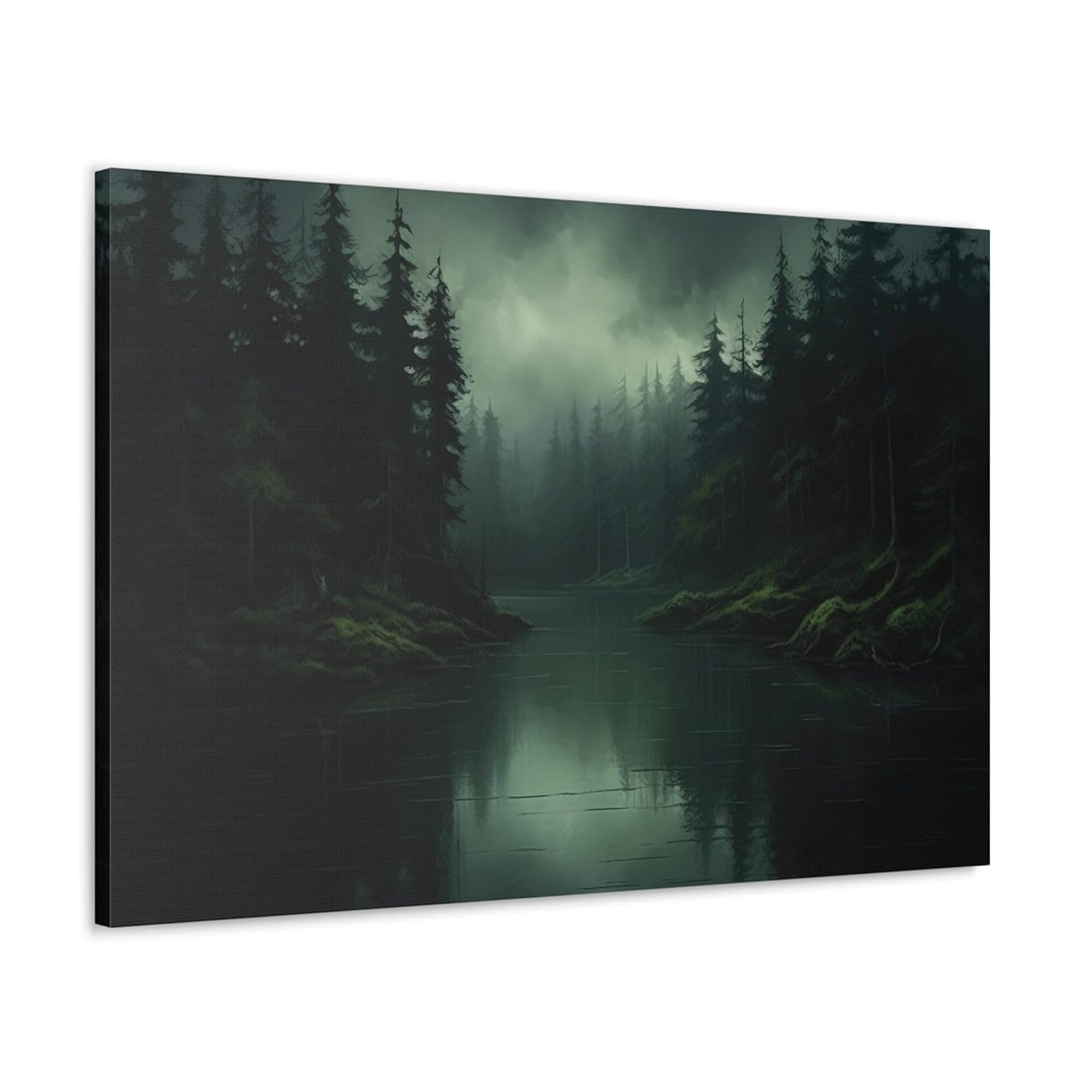 Hidden Lake Painting | Moss Green Dark Forest Artwork | Serene Landscape Canvas Wall Art | Rustic Lodge Contemporary Home Decor 36" x 24"