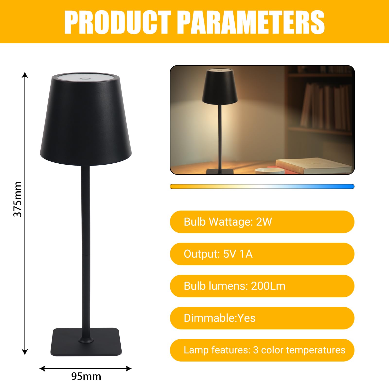 EXTRASTAR Rechargeable Table Lamp, Cordless Lamp 3 Color Dimmable, Metal Touch Bedside Lamp for Living Room Bedroom Office Study-Black - Image 4