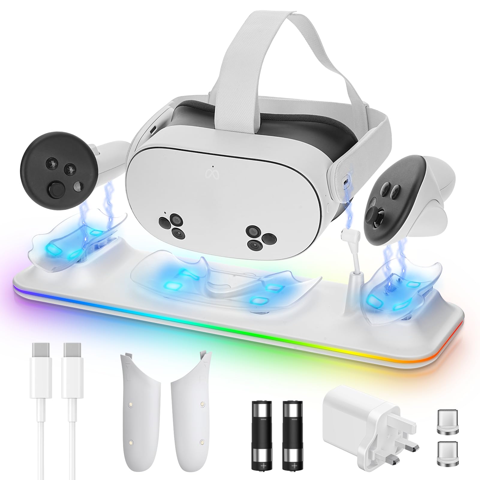 LYtech Charging Dock for Meta Quest 3S Charging Stand for Quest 3S Magnetic Charger Station for VR Headset & Controllers with RGB Light, 2 Batteries ＆ UK Adapter, Quest 3s Accessories Gift