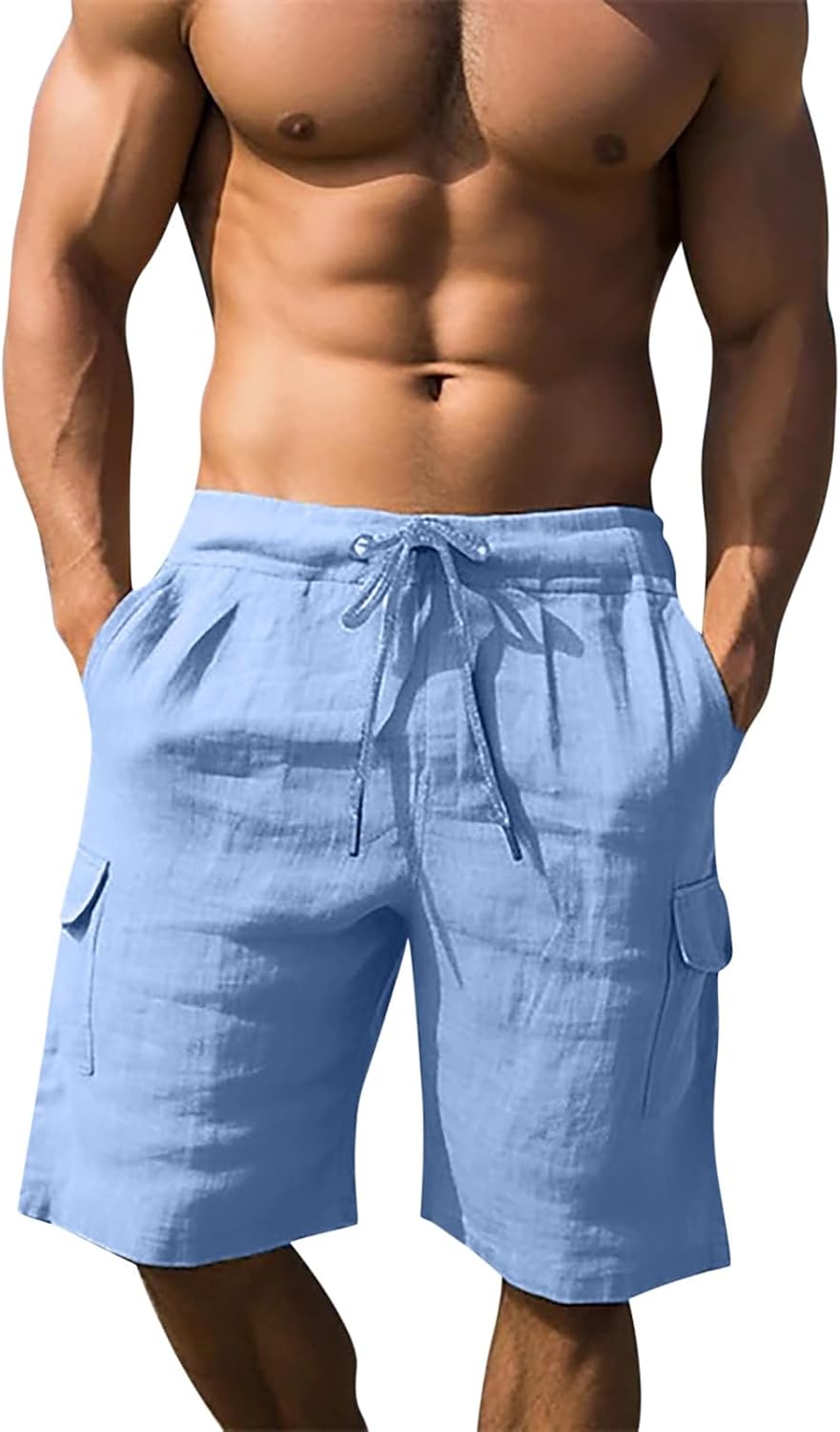 Mens Linen Cargo Shorts Summer Elastic Waist Drawstring Knee Length Loose Casual Beach Vacation Shorts with Pockets