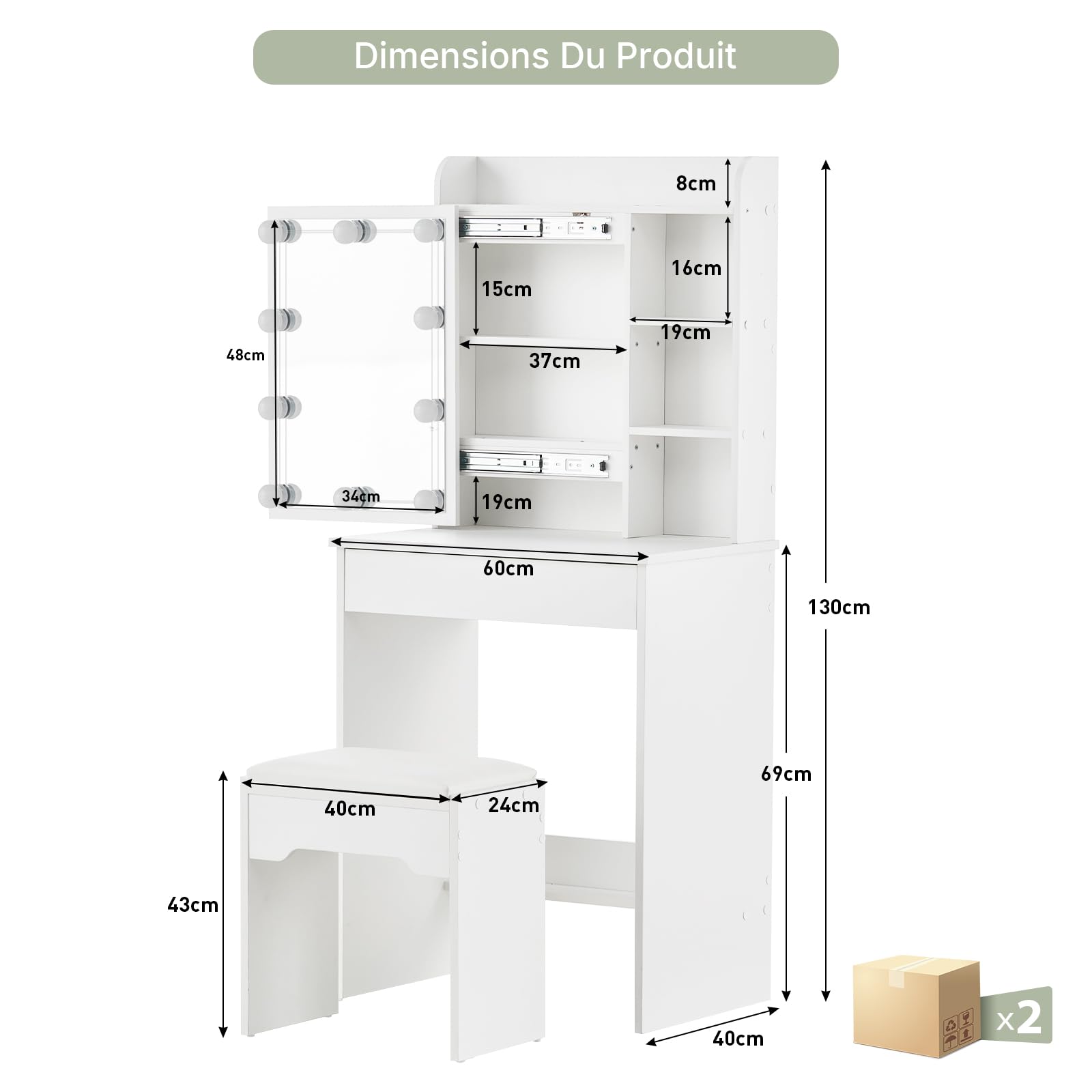 LEMROE Coiffeuse Hollywood LED avec Tabouret, Blanche | Table de maquillage avec 7 étagères et 1 grand tiroir. Rangement spacieux, idéale pour chambre à coucher. Femme Cadeau