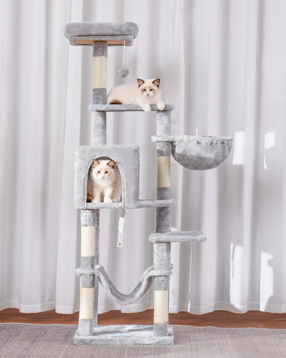 Hey-brother Tiragraffi per Gatti,Albero per Gatti Alto 154 cm,Torre per gatti stabile e a più livelli, Dotato di una Caverna per Gatti, Cesto, amaca e Piattaforma superiore, grigio chiaro 0EMPJ050W
