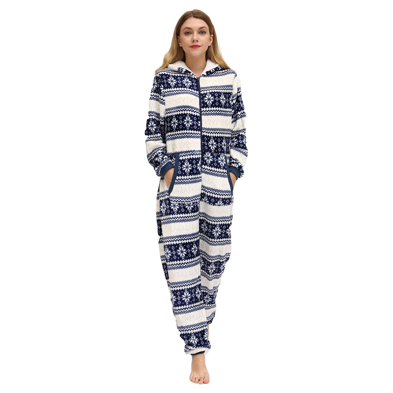 Tuta da donna per Natale, inverno, calda, tuta intera per adulti, cosplay, in pile, con cappuccio e chiusura lampo