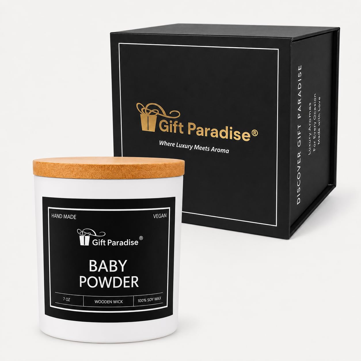Gift Paradise® Candela di soia in polvere per bambini, 7 once, profumo di | Stoppino di legno, coperchio di bambù, scatola regalo magnetica, profumo polveroso pulito morbido
