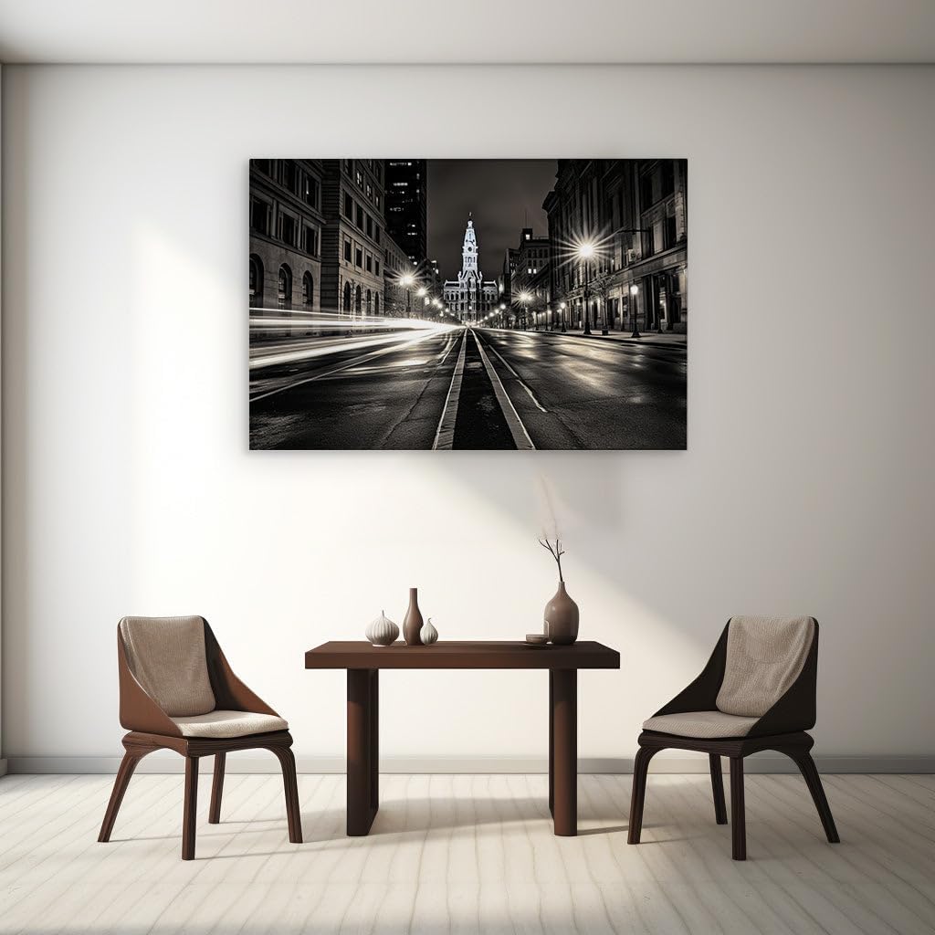 Canvas for Living room. Midnight Serenity in Philadelphia - A Monochrome Portrait of Urban Stillness, 27 x 18 inch Canvas Wall Art - Ready to Hang