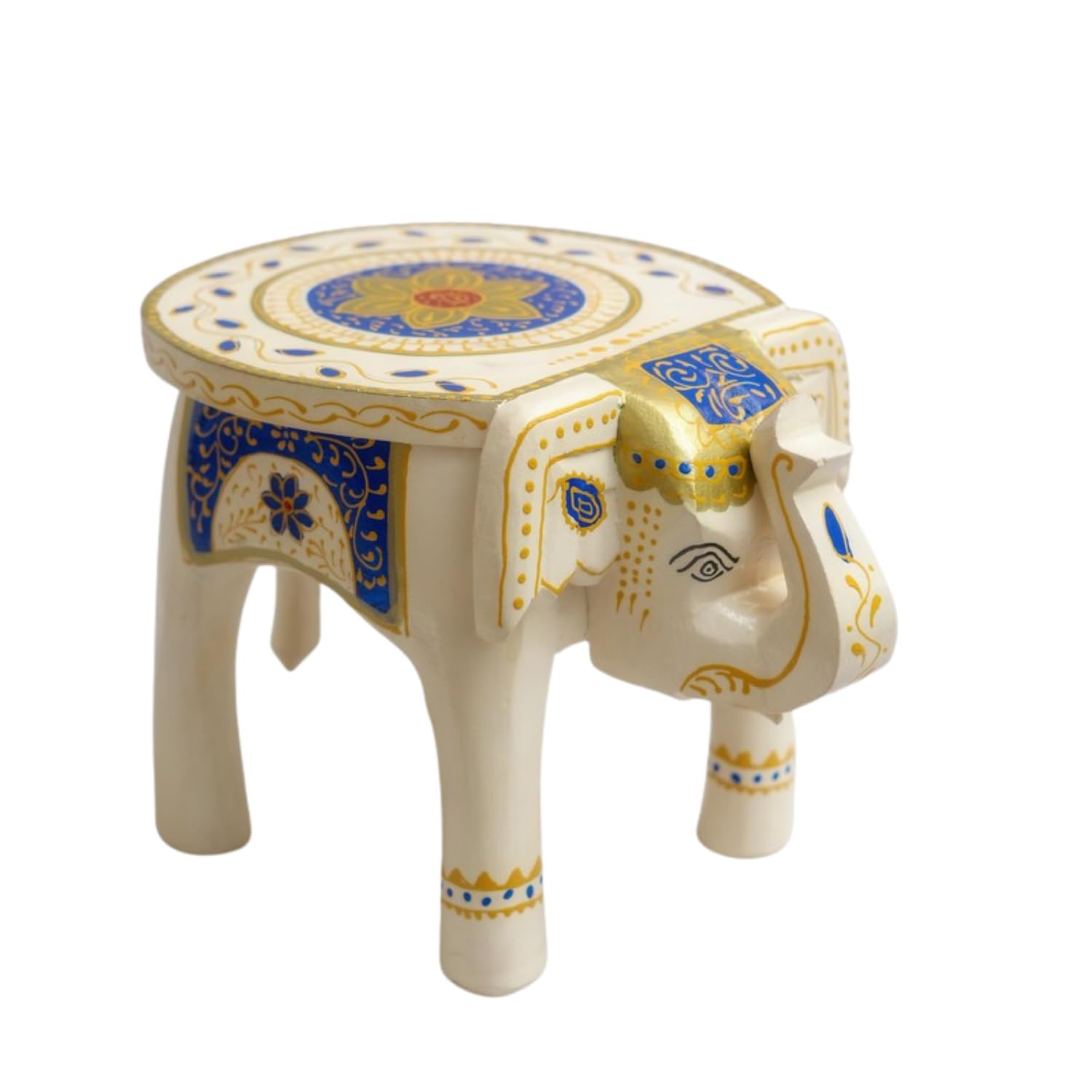 Handcrafted Wooden Elephant Stool, Hand-Painted Rajasthani Design, 20.3 x 20.3 x 25.4 cm, Multicolour Wood Elephant Stool Showpiece Wood Accent Furniture for Multi-Purpose Use (White)