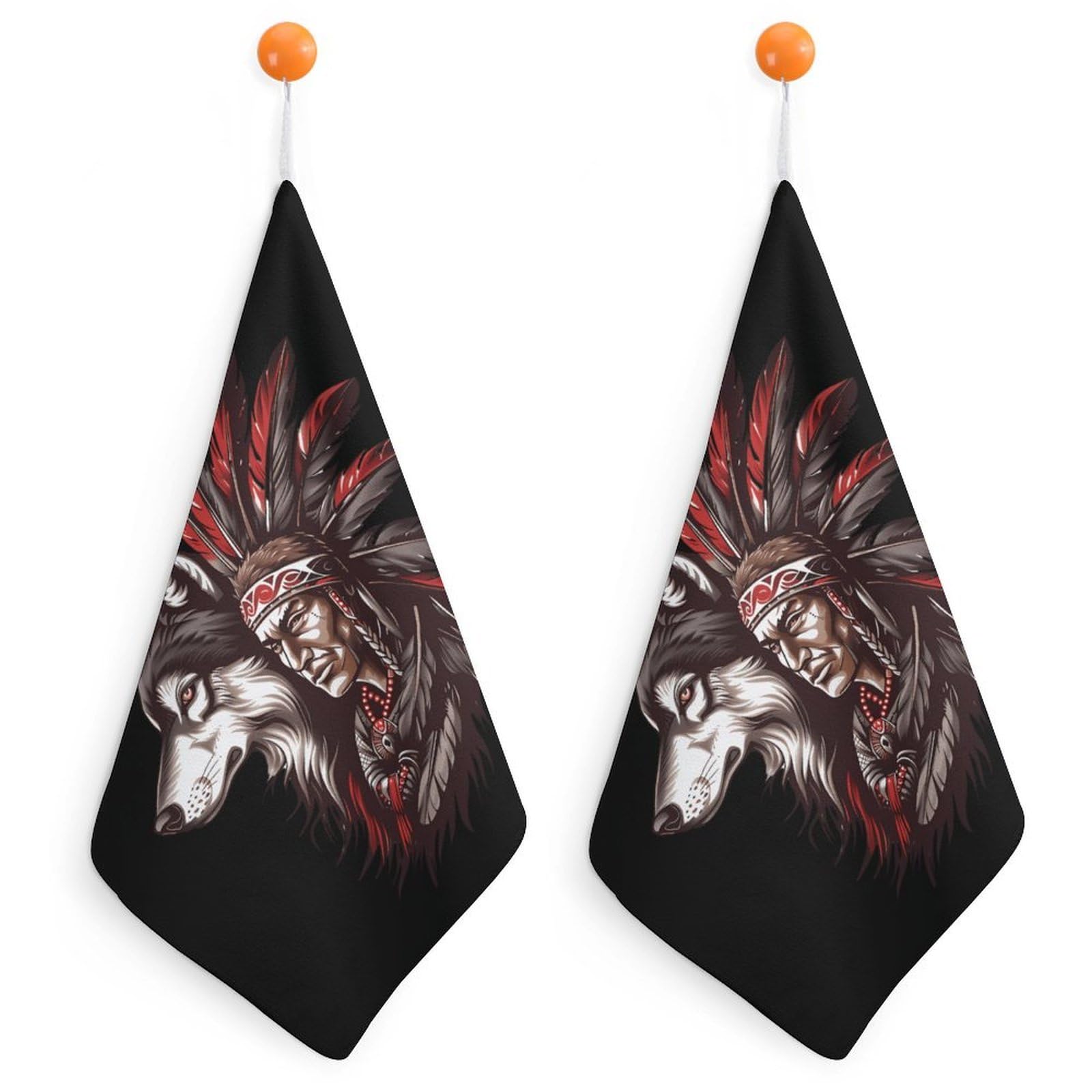 TXFBTRFSA Indian Tribal Chief And Wolf Hand Towels with Hanging Loop Kitchen Towel Handkerchiefs Cleaning Cloths
