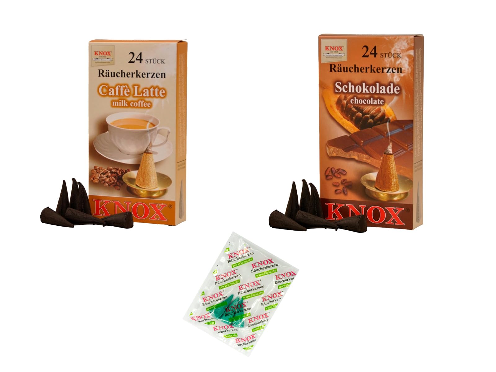 KNOX Incense Cones Set of 2 Chocolate Coffee Fragrances: Caffe Latte, Chocolate – Quantity: 48 Including 3 Incense Cones Samples of Sea Breath Fragrance – Made in Germany