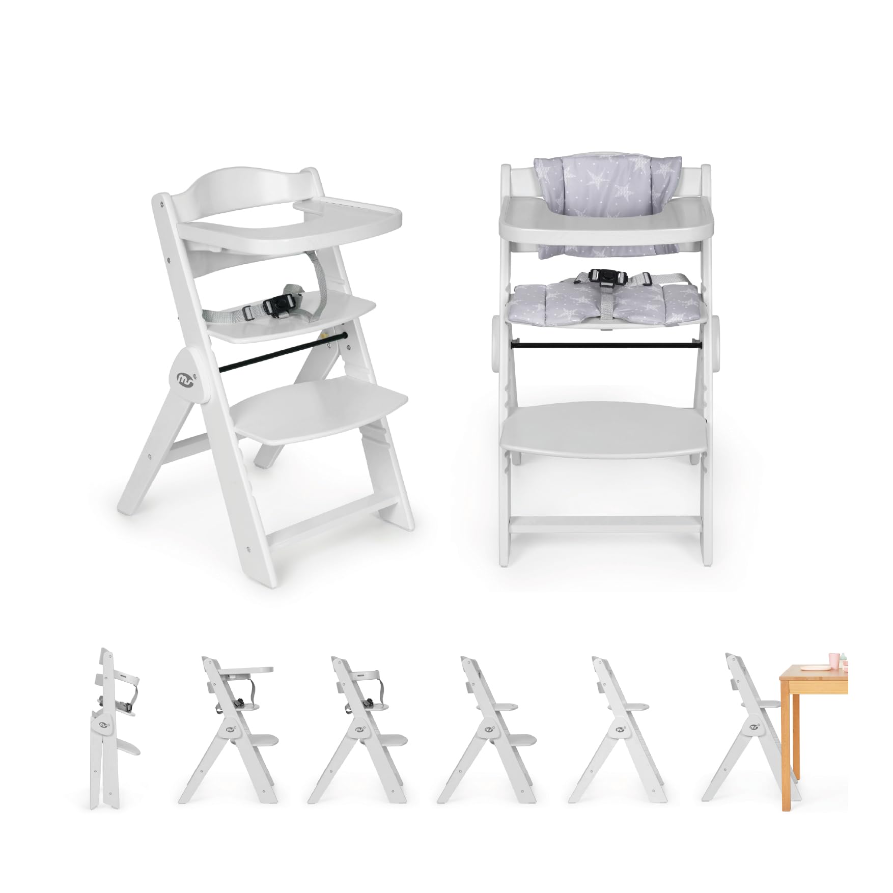Ms BabyWorld Składane krzesło dziecięce w pełni drewniane, w pełni składane, ewolucyjne, wysokie krzesło, ergonomiczne, regulowane, bezpieczne, białe/szare