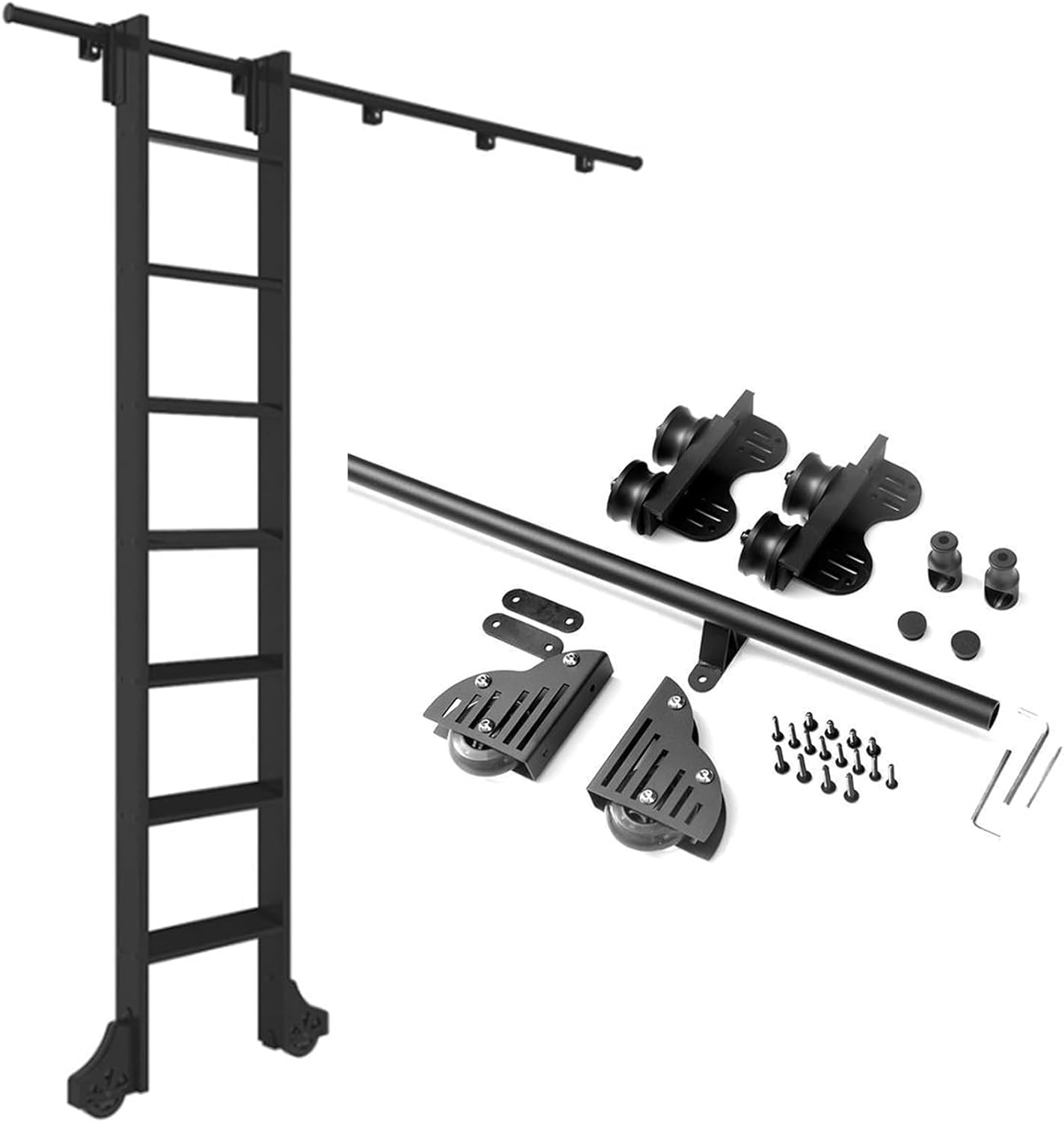 3.3ft-20ft Retractable Sliding Ladder Hardware Kit, Library Rolling Ladder Hardware Rail Kit Round Tube Mobile Ladder Track with Floor Roller Wheels,10ft/300cm Track kit