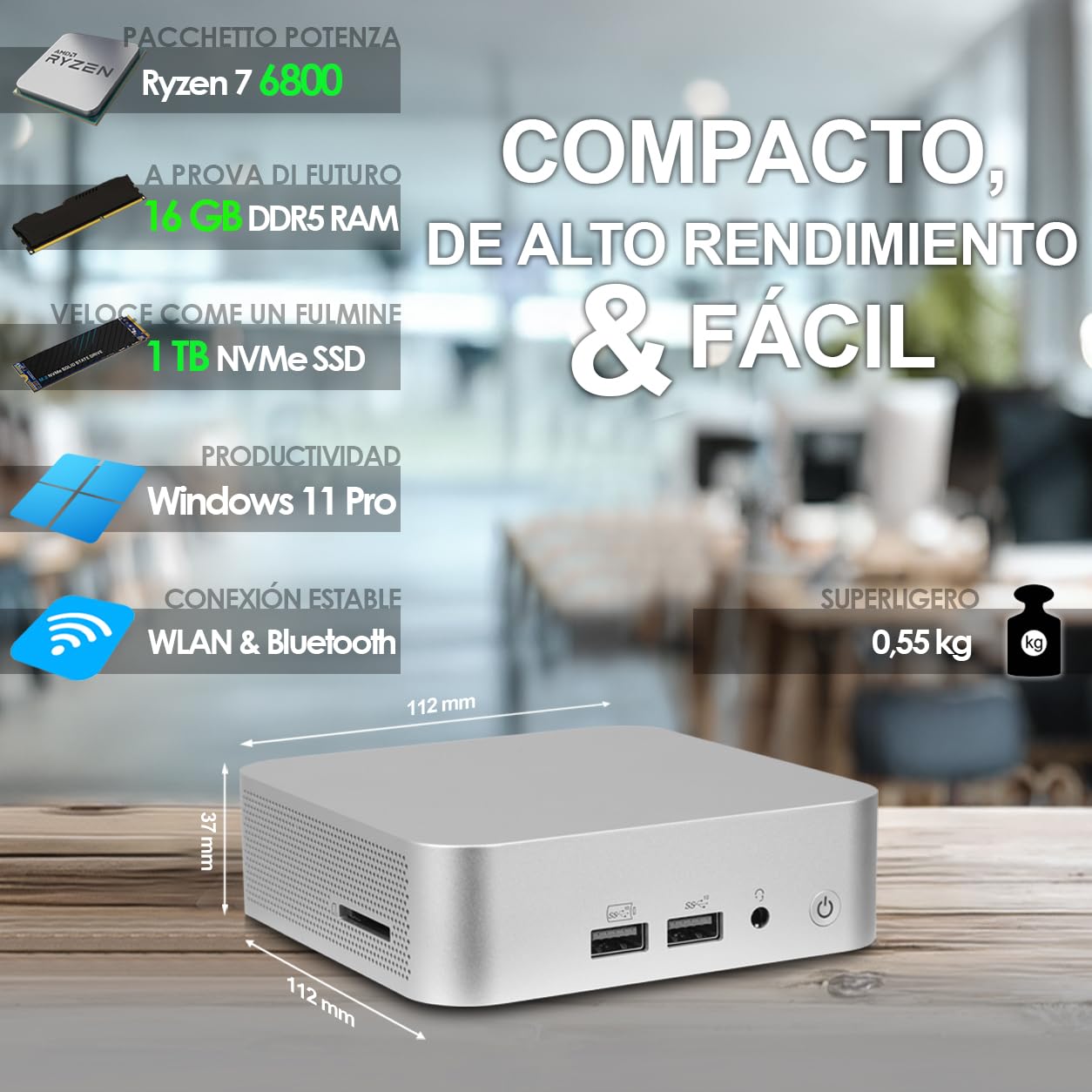 Ankermann ANK-IX A6 Mini PC AMD Ryzen 7 16GB RAM SSD 1TB MS Office 2024 | PC compacto para oficina y teletrabajo — Windows 11 Pro, MS Office 2024 Professional Plus, Wi-Fi 6 y Bluetooth incluidos