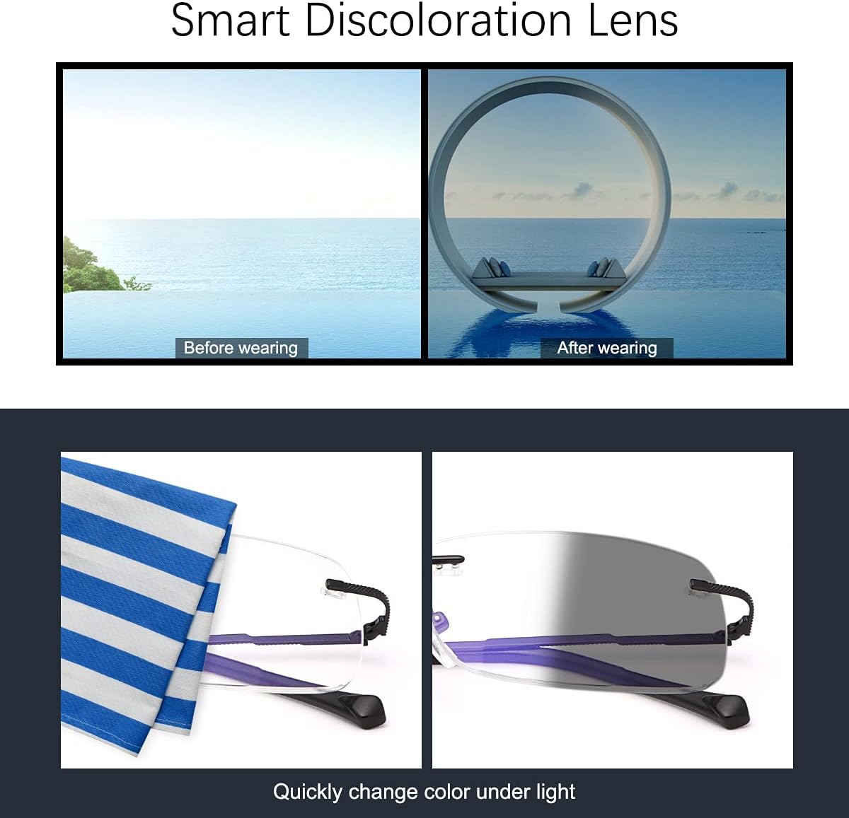 Rimless Bifocal Reading Glasses Transition Photochromic UV400 Protection Sun Readers Titanium Eyewear for Men