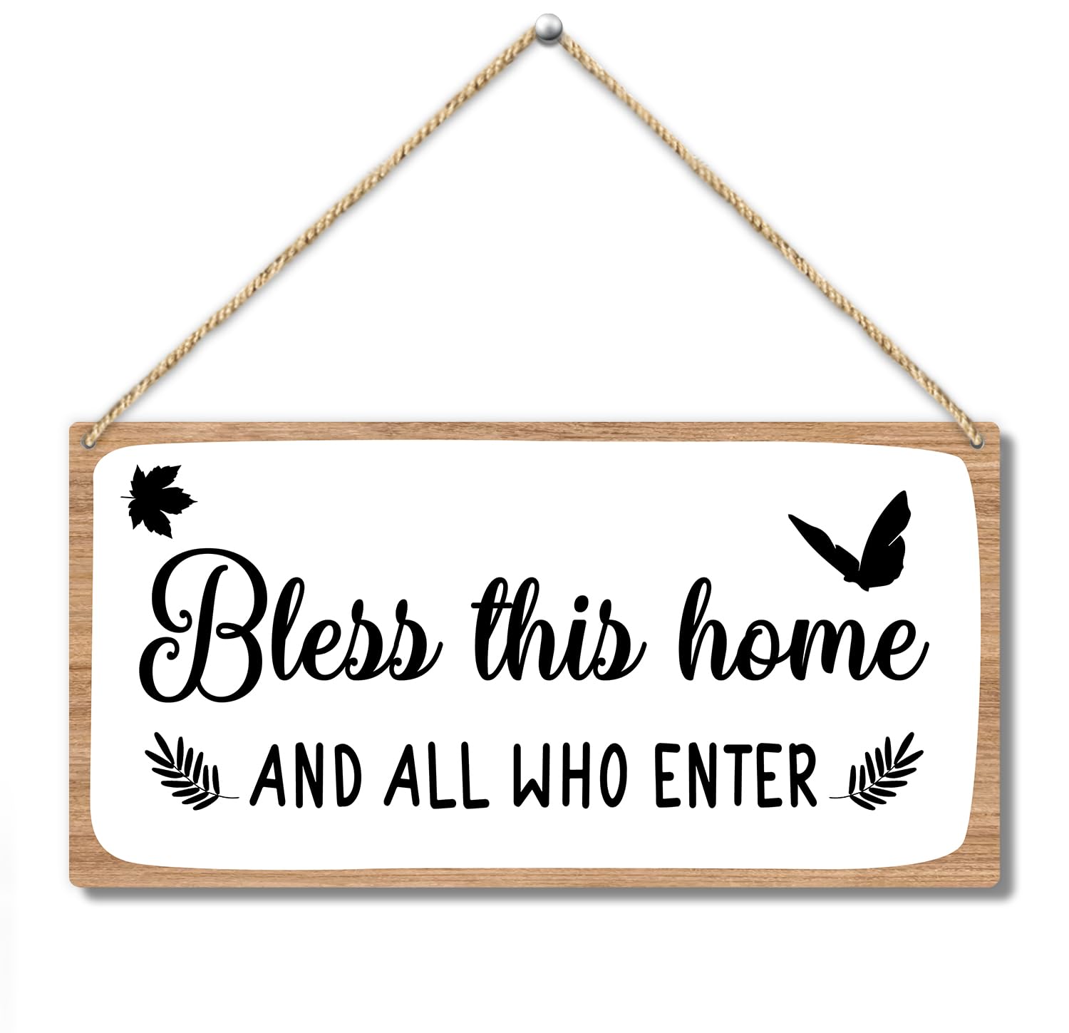 Bless This Home and All Who Enter Rustic Wooden Hanging Sign Decor, Front Door Wall Decor Sign Wood Plaque for Farmhouse Living Room Home Office Porch Entryway, Hanging Wall Art Gift (1 pack)-03