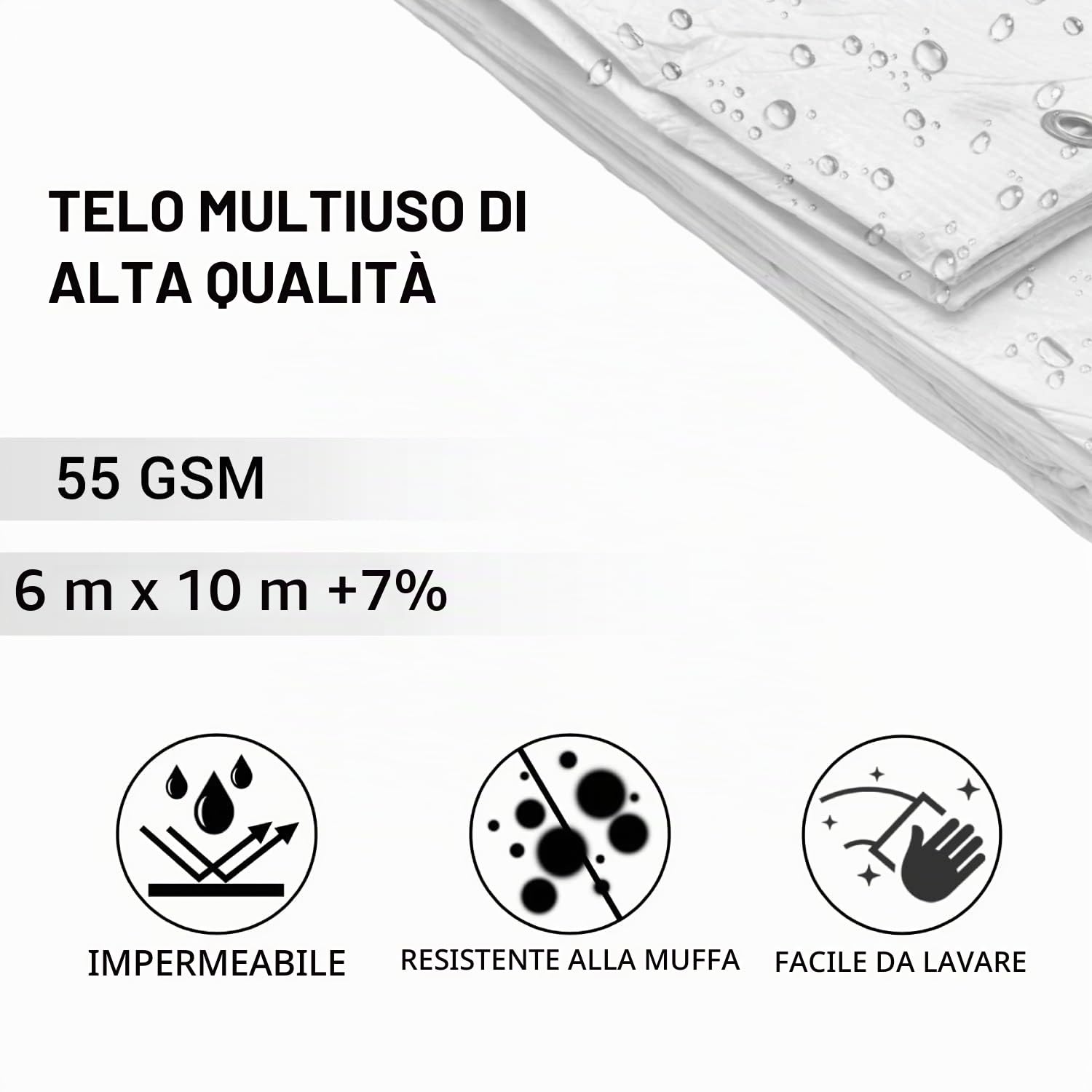SKIR'CO Telone bianco 6 x 10 m, impermeabile, 55 g/m², con occhielli, protezione per auto, multifunzione