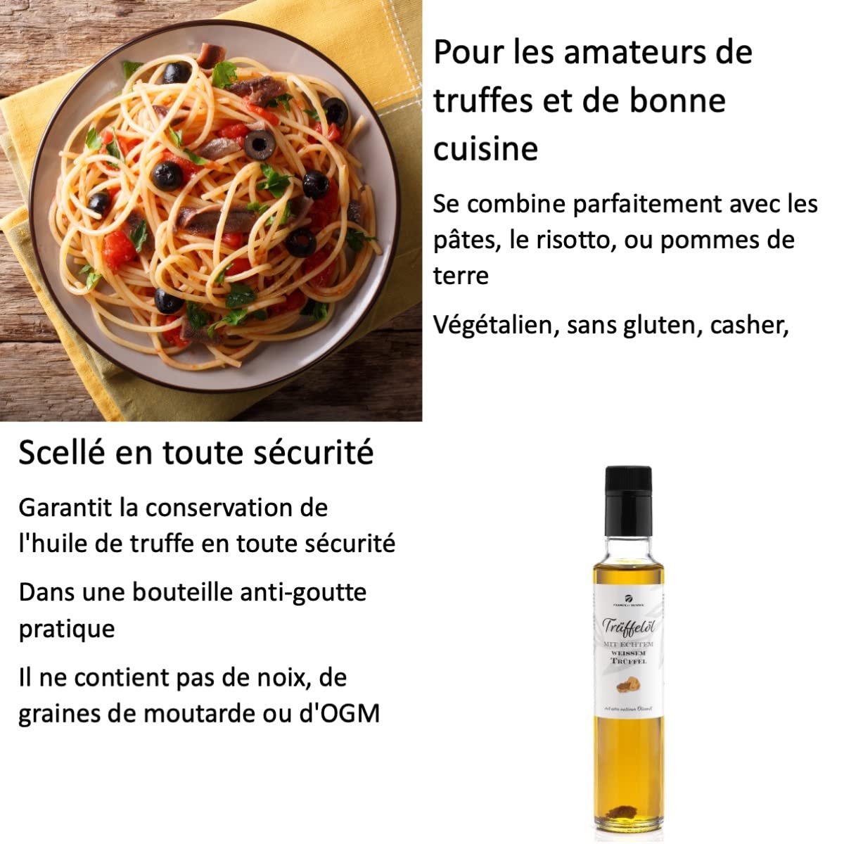 Huile de truffe blanche avec véritable truffe blanche 250 ml d'huile d'olive pour sauces et affiner les plats. Convient aux régimes végétaliens et sans gluten