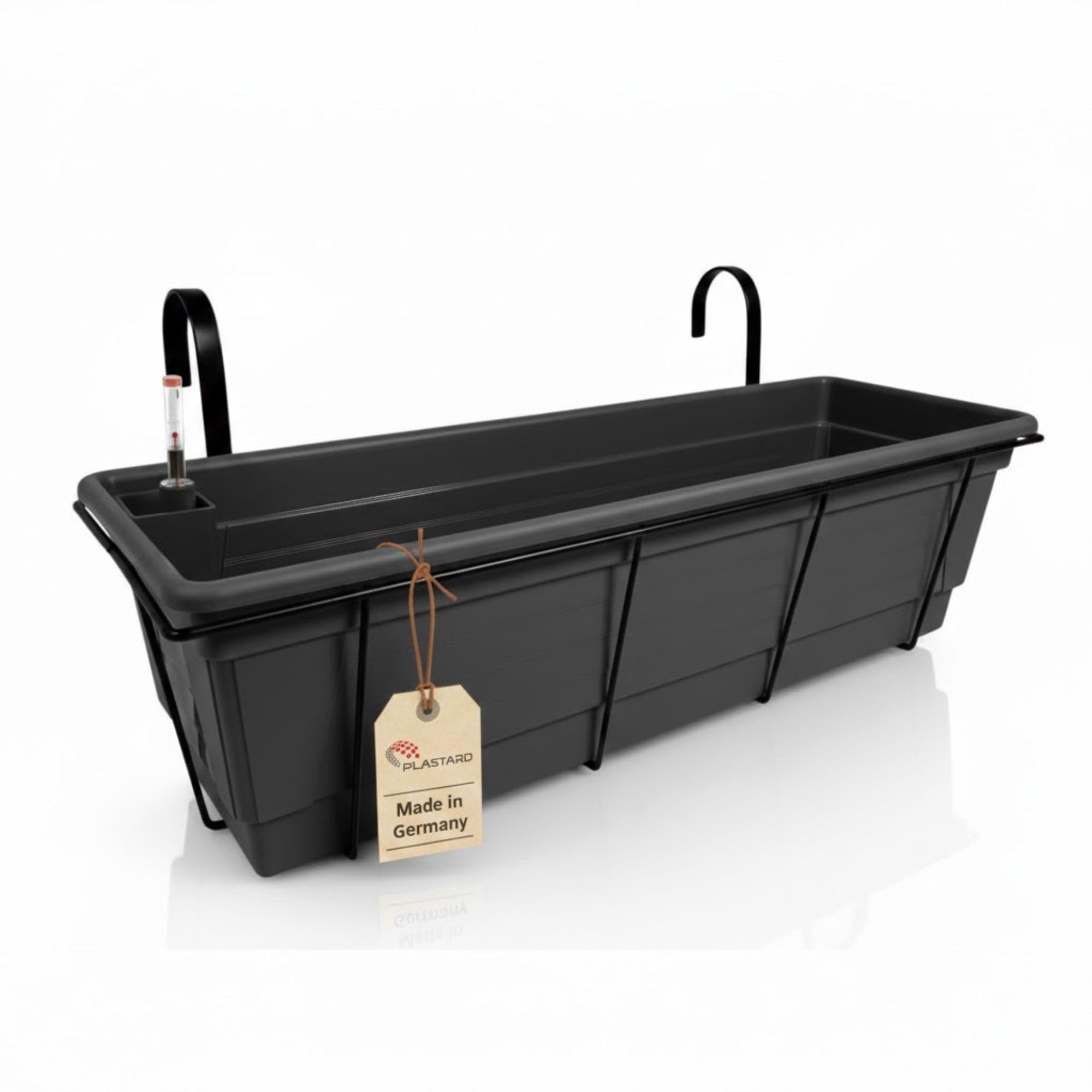 Plastard Blumenkasten 100 cm Anthrazit mit Hydroeinsatz, Wasserstandsanzeiger und Metallhalterung – selbstbewässernder Pflanzkasten, Balkonkasten, robust & witterungsbeständig
