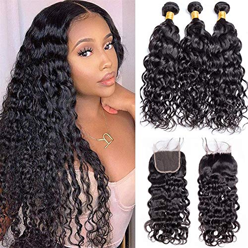 Water Wave hair Bundles with Free Part Closure Virgin Hair and Unprocessed Human Hair Extension