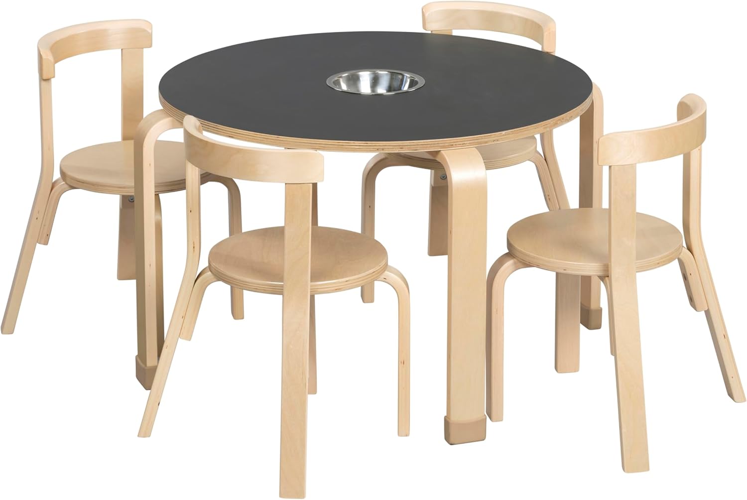 ECR4Kids Round Bentwood Chalkboard Table and Curved Back Chair Set, Kids Furniture, Natural, 5-Piece