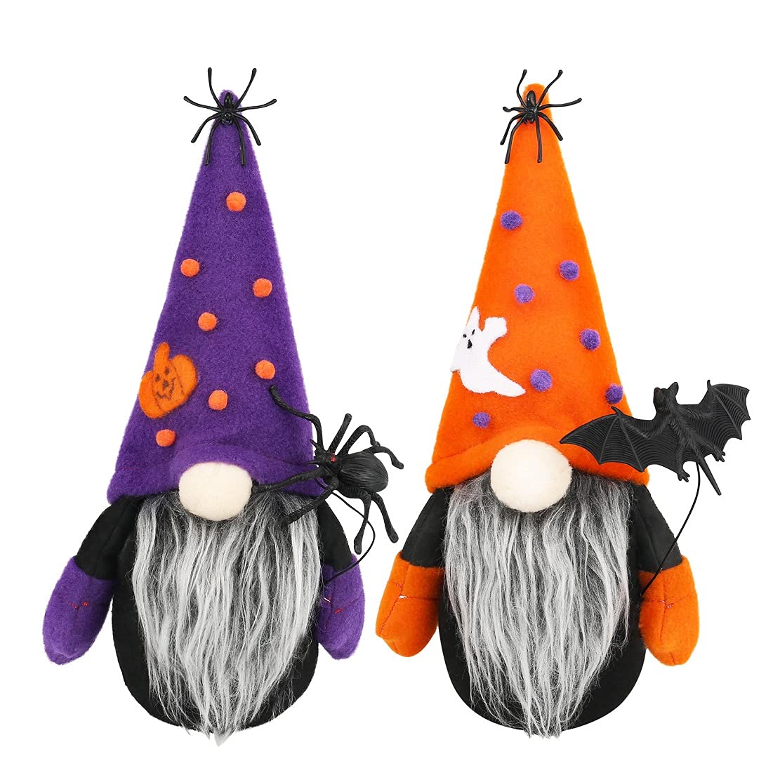 2 Pack Witch Gnomes Plush Halloween Decorations with Spider Bat Pumpkin Ornaments Handmade Elf Dolls Scandinavian Tomte Halloween Table Decorations for Indoor Home Party Kids