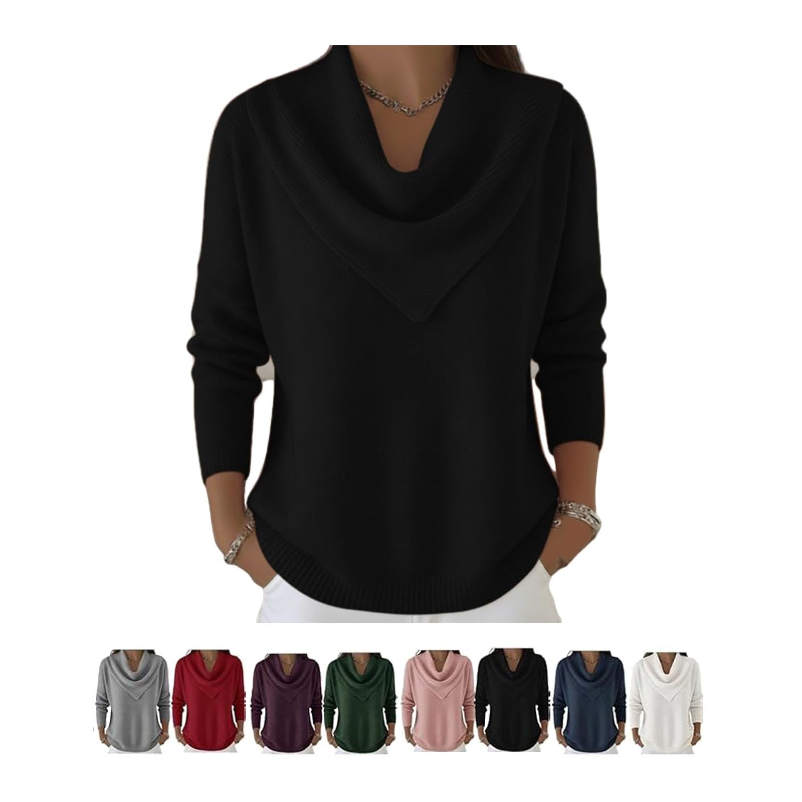 Womens Triangle Cowl Neck Sweater Long Sleeve Knit Pullover Elegant Retro Soft Triangle Neck Solid Color Sweater Top