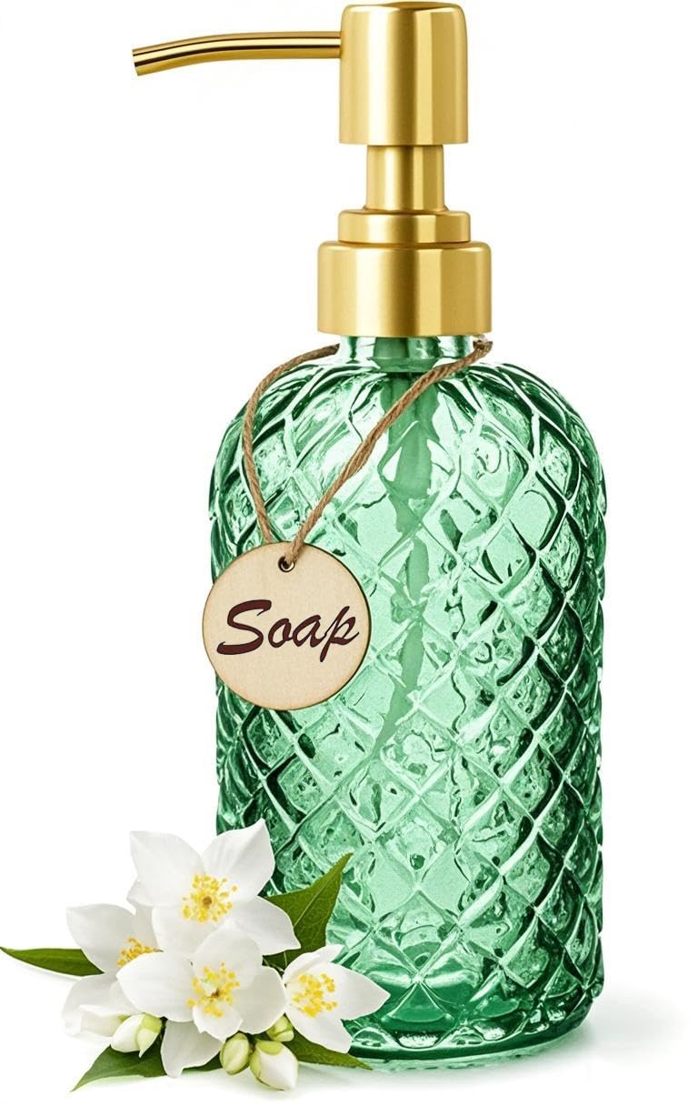 Bingobang Bathroom & Kitchen Glass Soap Dispenser with Hand Gold Pump 304 Rustproof Stainless Steel, 16 Oz Refillable Liquid Hand Wash Jar Dispenser Lotions Shampoo Bottle for Laundry Room (Green)