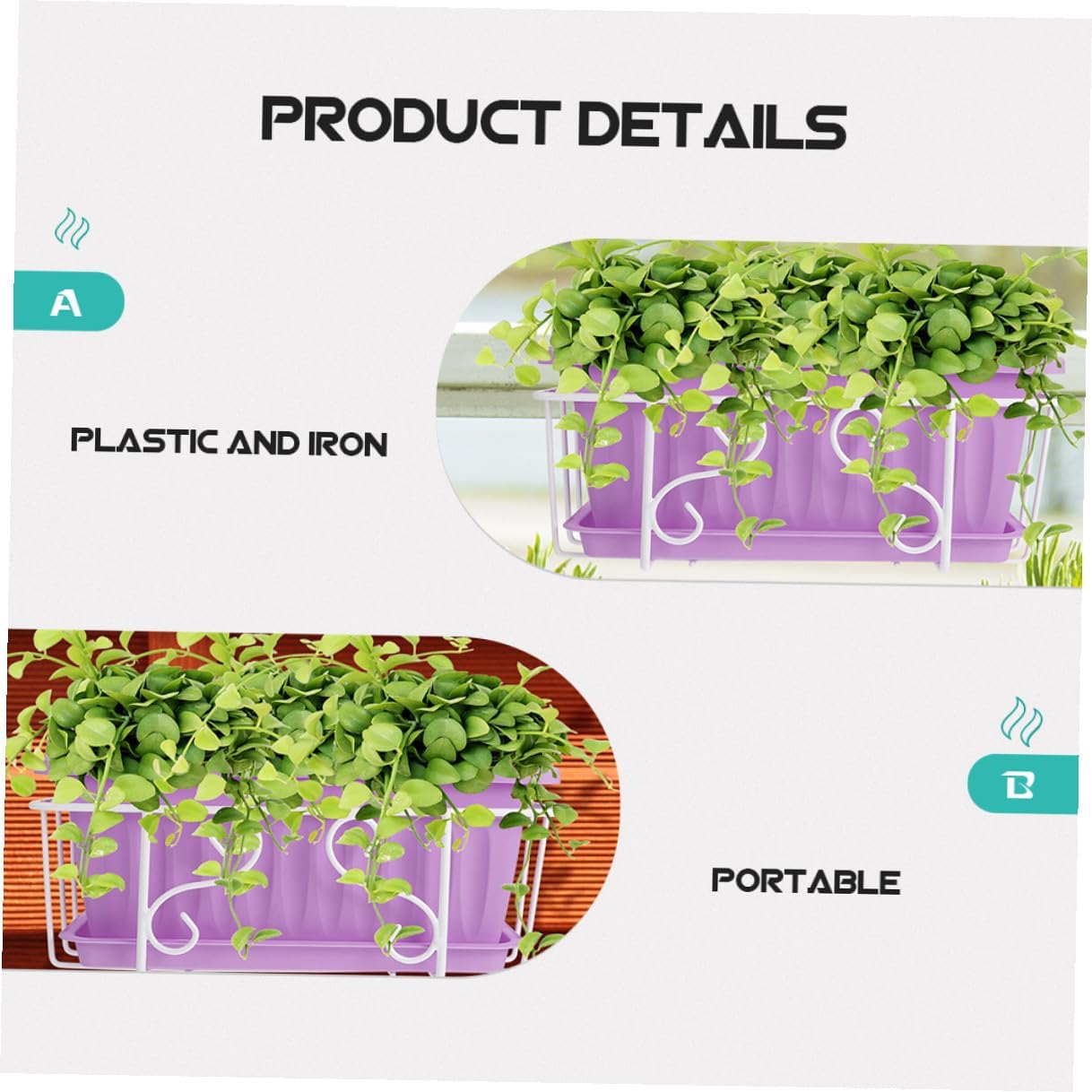 Rectangular Hanging Resin Flower Pot with White Metal Frame and Saucer, Medium Vegetable Planter Box for Balcony and Garden Window Growing Herbs and Succulents