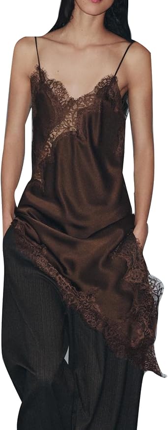 Amiblvowa Women Lace Mini Slip Dress Satin Spaghetti Strap Asymmetrical Dress Sexy Low Cut V Neck Backless Silk Slips