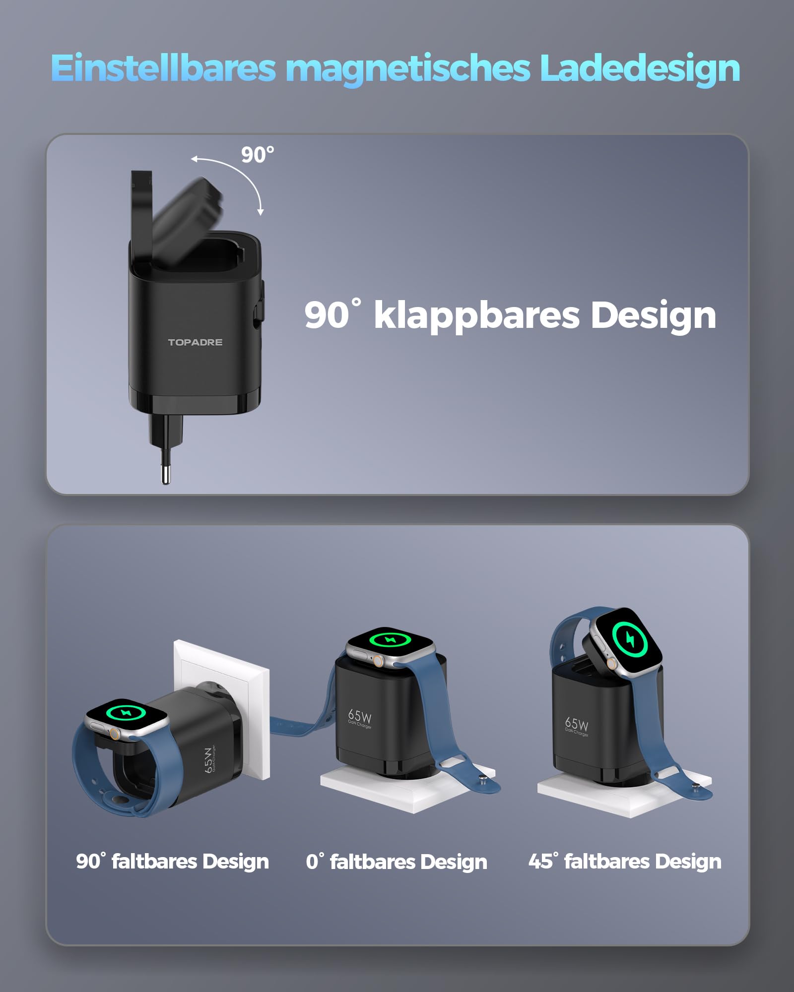 65W USB C Chargeur avec Rétractable câbles pour Apple Watch, Adaptateur Secteur USB C GaN à 4 Ports avec câble pour Apple Watch Ultra/11/10/9/8/7/SE, pour MacBook, pour iPhone, pour iPad. Noir