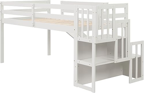 Miniatura 8 de Bellemave Cama tipo loft baja con tobogán y escaleras tamaño individual marco de cama loft de madera con almacenamiento para niños adolescentes y