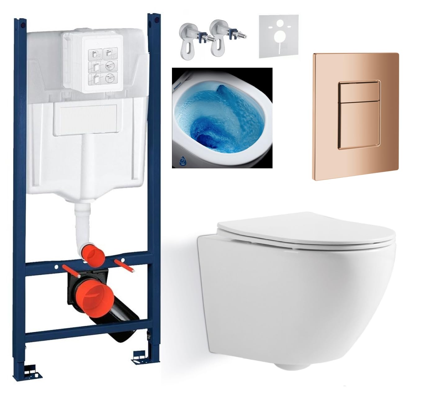 Kompletny zestaw Imprese 5w1 – stelaż podtynkowy + miska WC bezkołnierzowa BLATNA TWIST TORNADO + deska sedesowa wolnoopadająca Slim + miedziany błyszczący przycisk + mata + zestaw montażowy