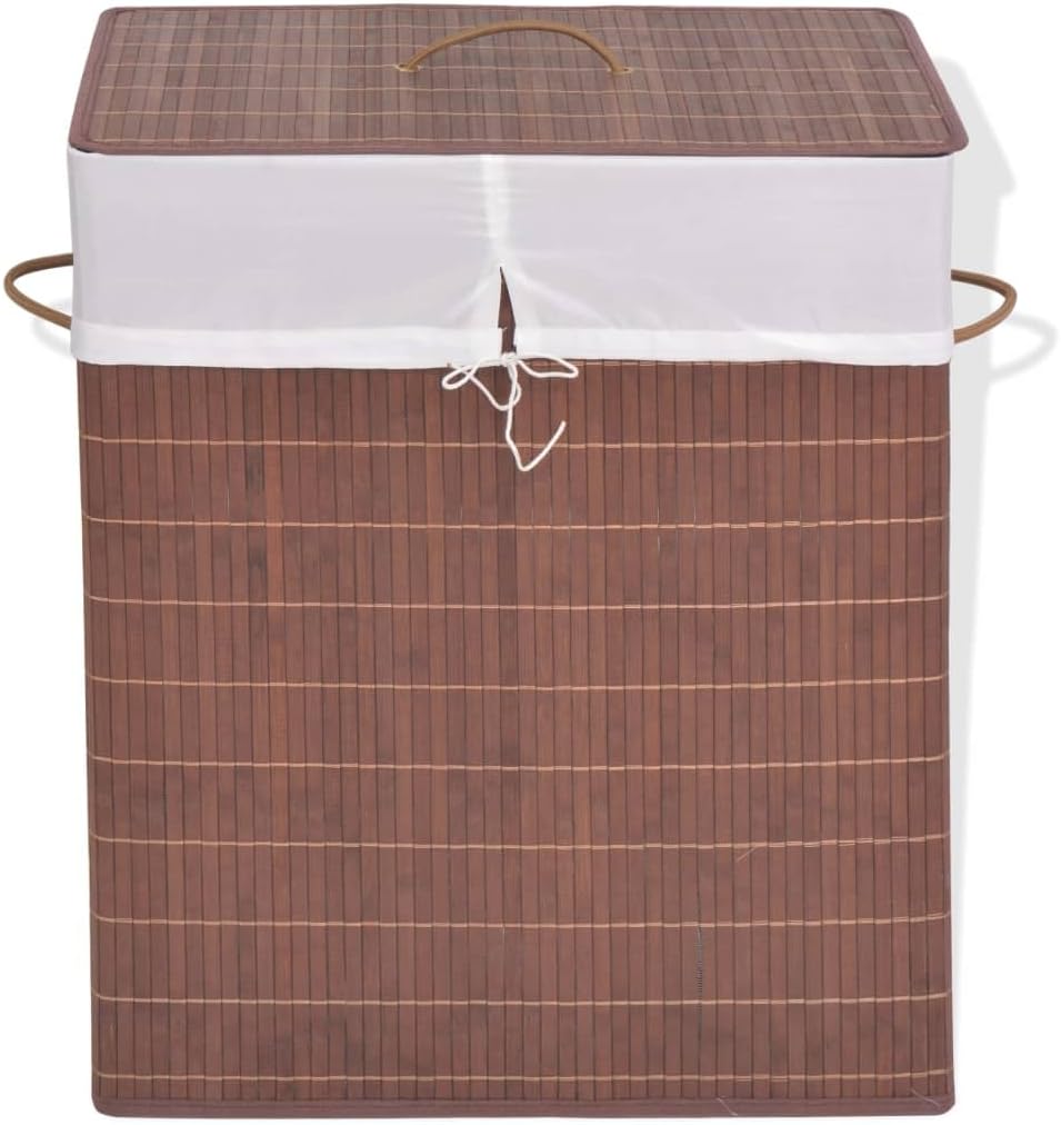 Bamboo Laundry Hamper with Removable Liner, Rectangular Foldable Dirty Clothes Basket with Lid Handle, Portable Storage Bin for Bedroom, Bathroom, Nursery, 15.7 x 11.8 x 23.6 Inches