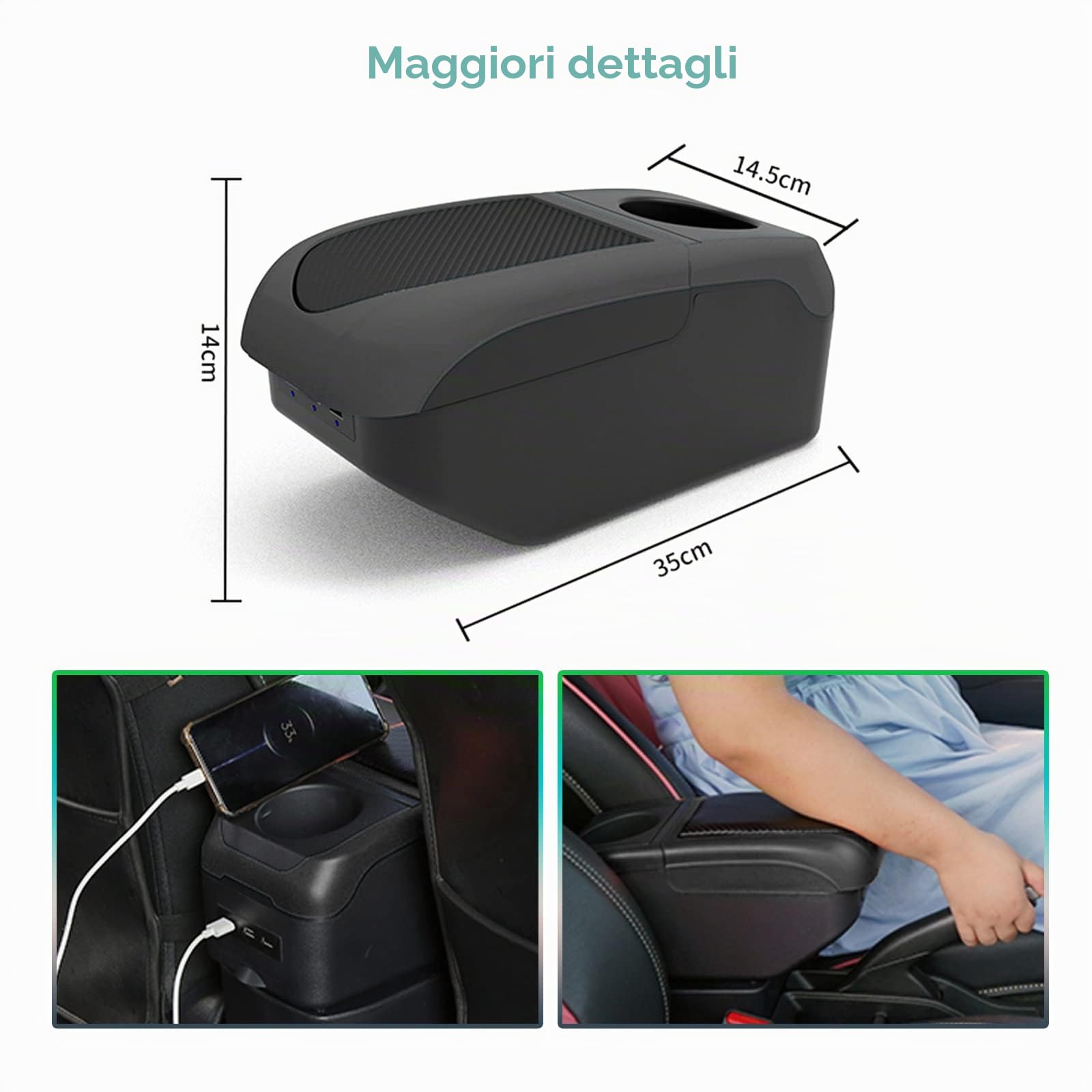 GAFAT V-W UP/Seat MII/Citigo 2013-2022 2023 - Braccioli per console centrale, con vano portaoggetti e portabicchieri (nero)