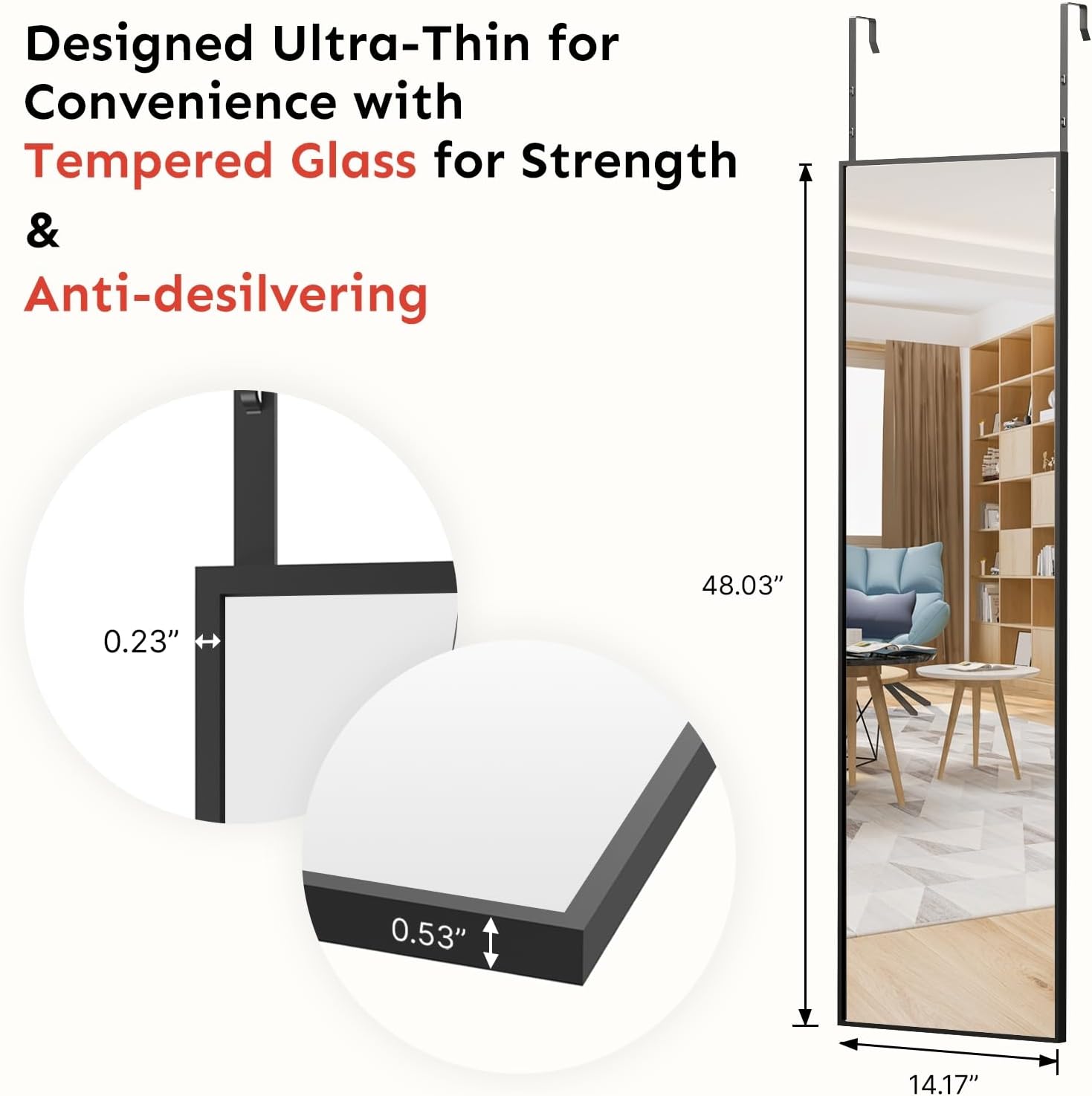 Kosmonia 48x14 Inch Full Length Tempered Glass Door Mirror - Over The Door Hanging, No Drill Installation, Suitable for Bedroom & Closet, Sturdy Hanging Design - Image 6