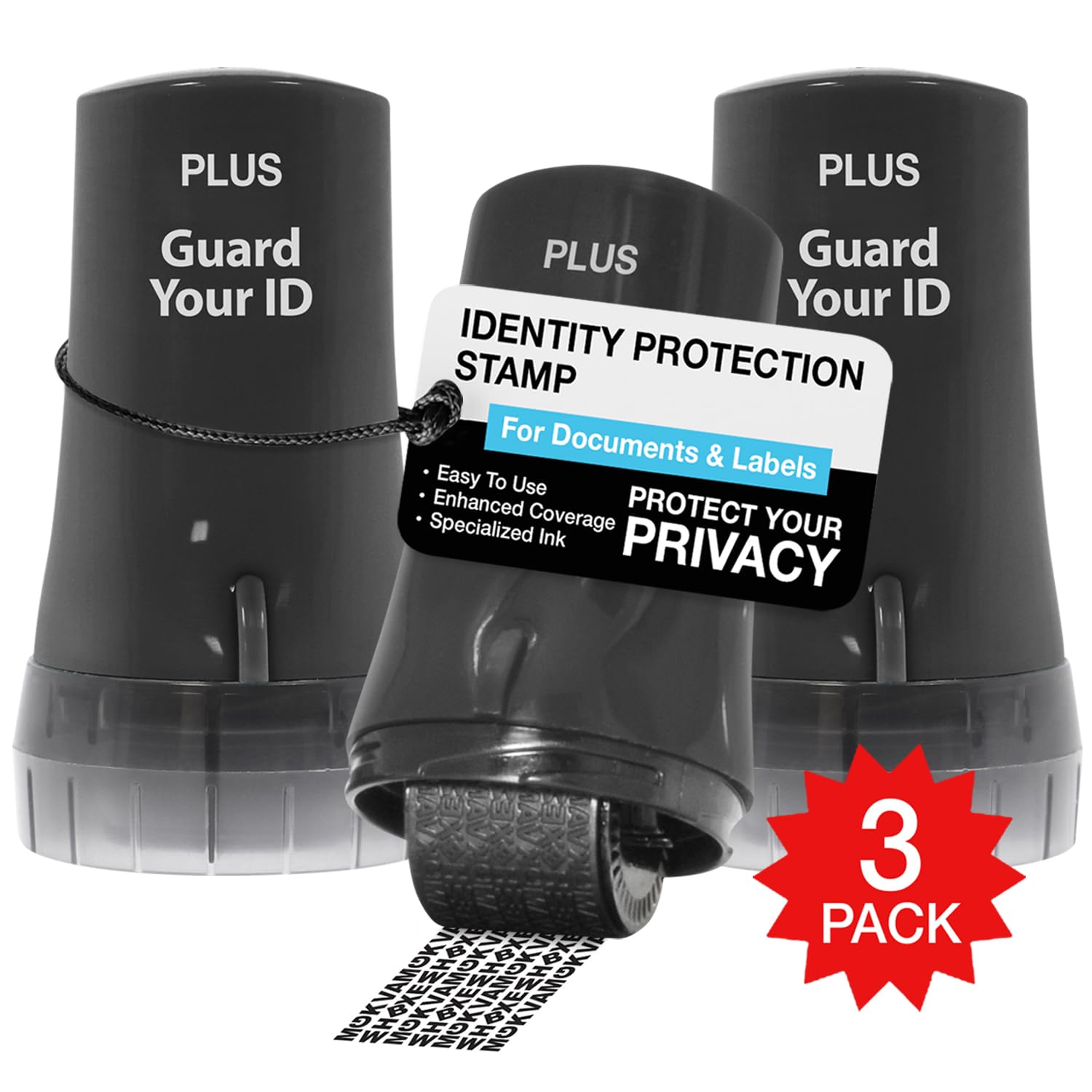 Identity Theft Protection Roller Stamp, Guard Your ID 3-Pack, Black