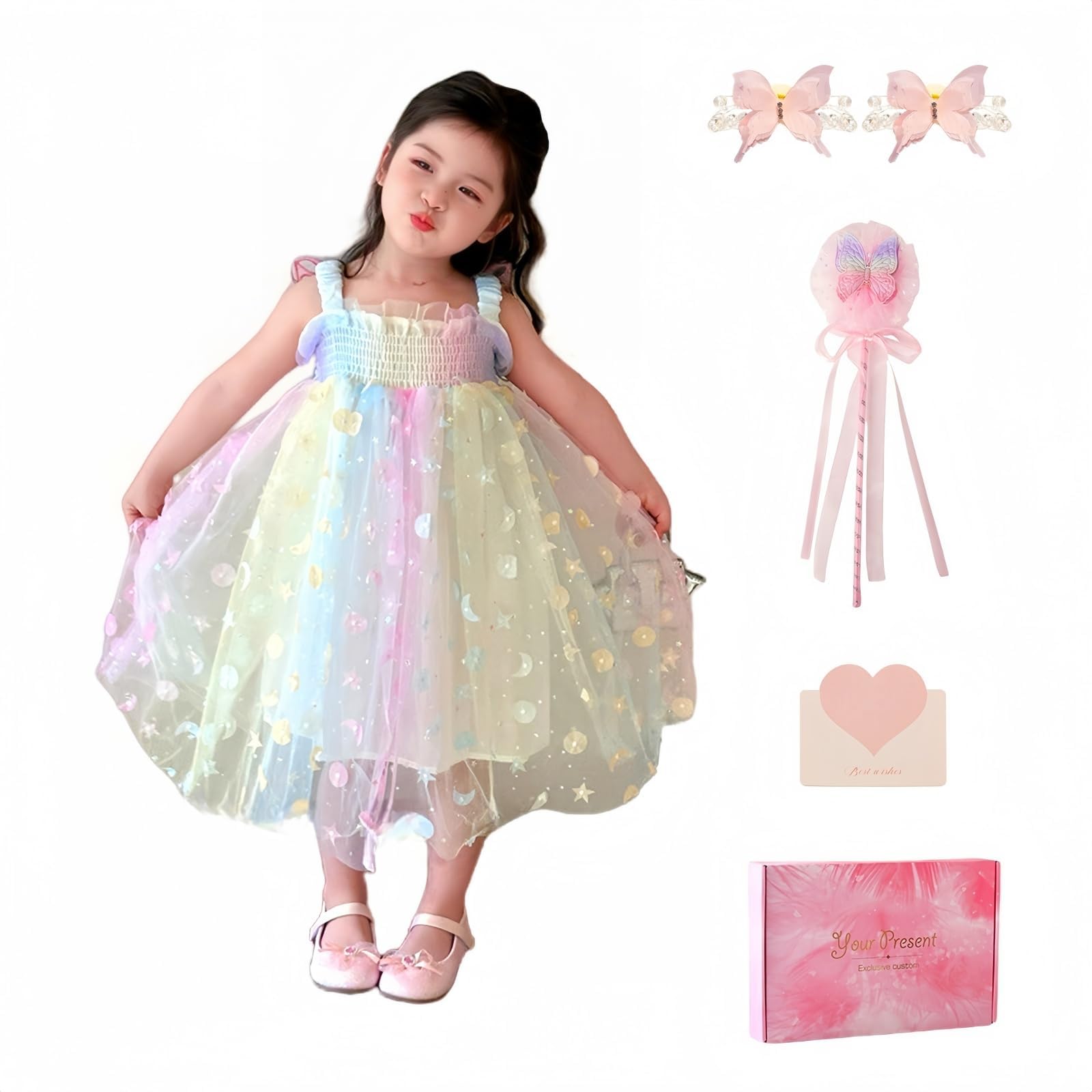 Vestito Elegante Estivo Senza Maniche per Bambina,Vestito Cerimonia Bambina in Tulle per Nozze,Damigella e Feste di Compleanno,con Scatola Regalo,Abito da Principessina per 4-8 Anni