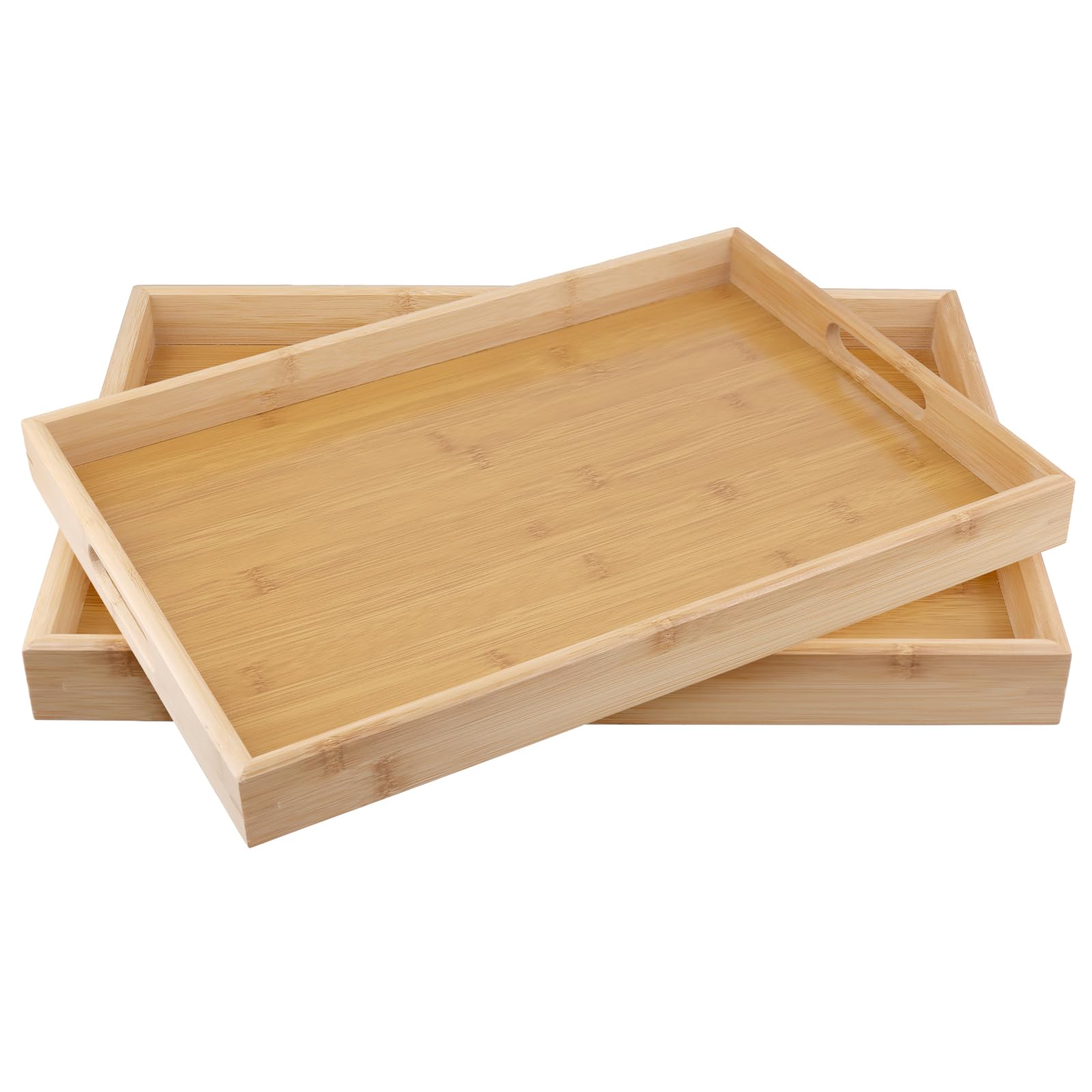 Lot de 3 plateaux de service rectangulaires en bambou avec poignées, 41 x 29 x 5 cm, plateaux de service en bois pour le thé, le café, manger des aliments